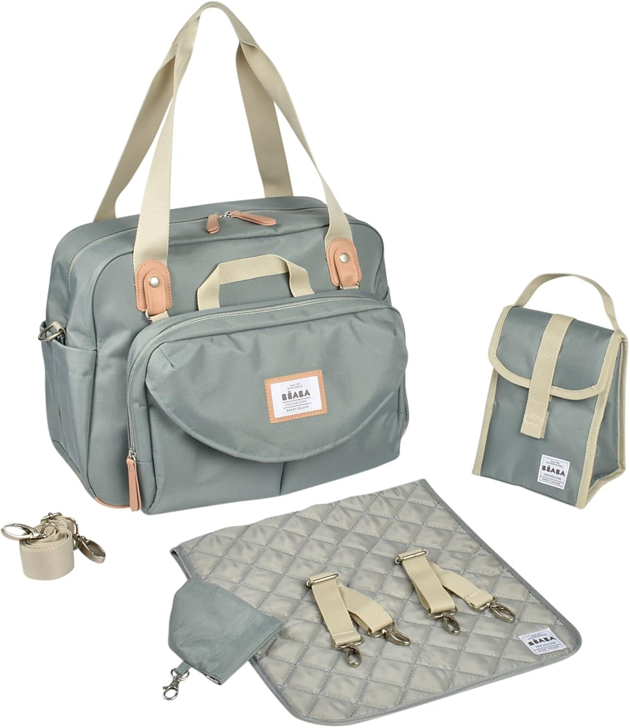 B&eacute;aba, Gen&egrave;ve II 940271 Modular Changing Bag with Multiple Compartments, Removable Front Pocket, Changing Mat, Insulated Lunch Bag, Pram Attachment System, Sage Green