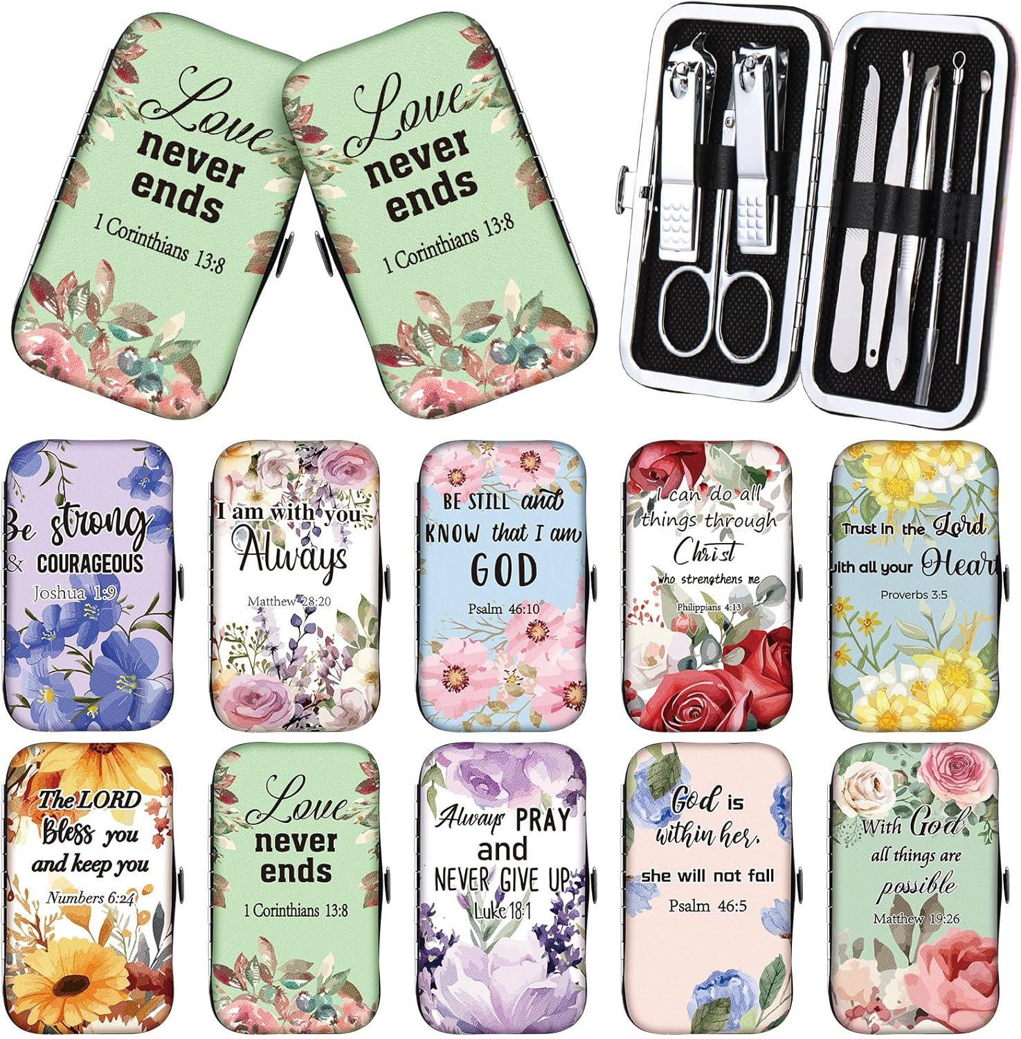 Lanties 10 Sets Christian Gifts for Women Bulk Bible Verse Scripture Manicure Sets Floral Stainless Steel Nail Clipper Set Religious Gift Personal Pedicure Kit for Employee Teacher Staff Women image number 2