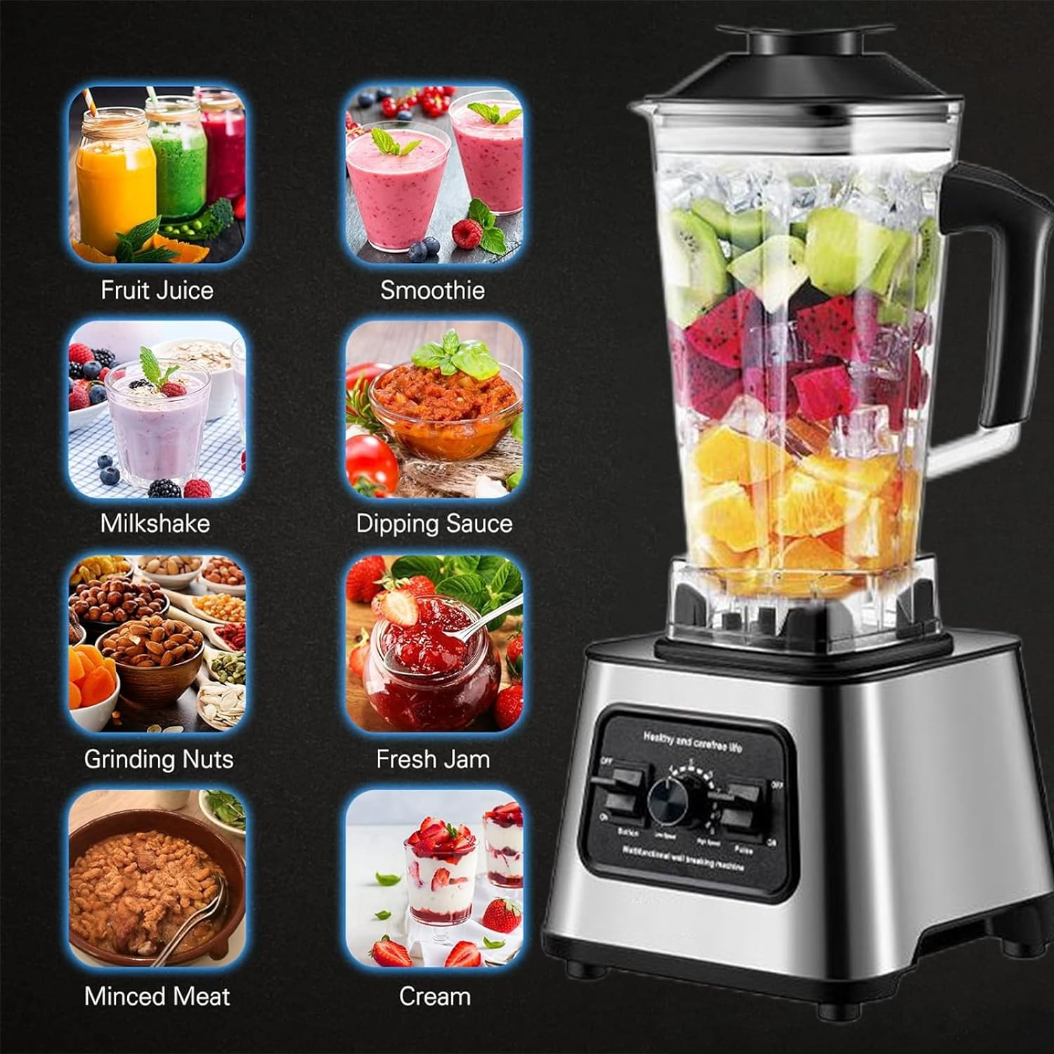 2-In-1 Multi Blender, 6000W Professional High Speed Blenders Smoothie Maker with 2.5L Bpa-Free Container, 9 Speed Control, 8 Titanium Stainless Steel Blade for for Ice/Nut, Kitchen (220V, AU PLUG) image number 5