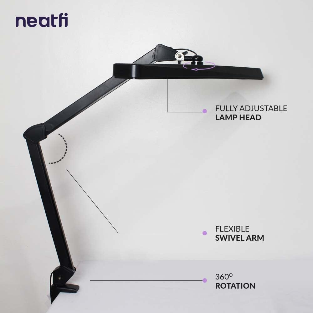 Neatfi (New Model) XL 2500 Lumens LED Task Lamp, 24W, 117 Pcs SMD LED, 56CM Wide Lamp, Eye-Caring (Black, Non-Cct with Clamp) image number 1