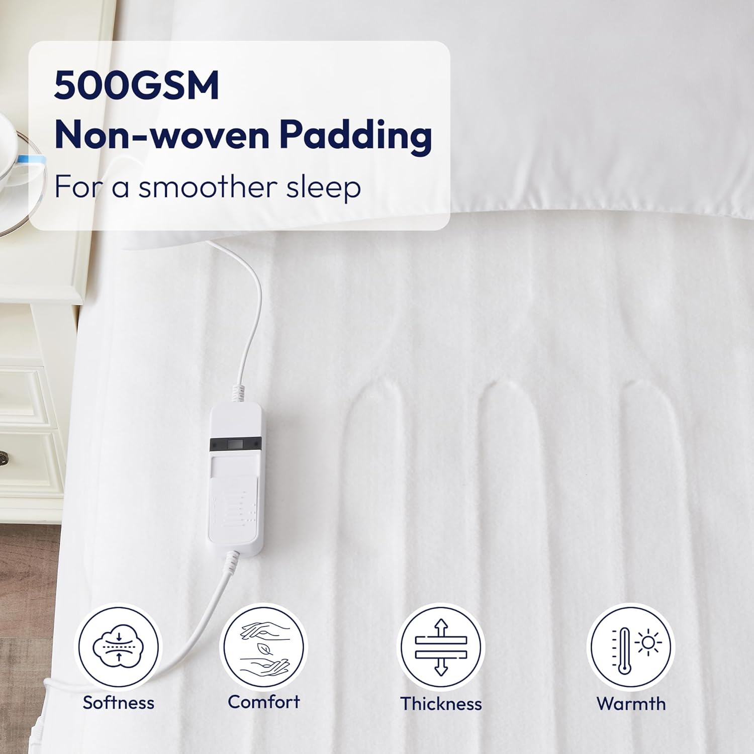 LINENOVA Electric Blanket Queen, Fully Fitted Heated Underblanket with Dual Controls, 3 Heat Settings, Auto-Off Timer, Safety Overheat Protection, Machine Washable Zone Heating - White image number 3