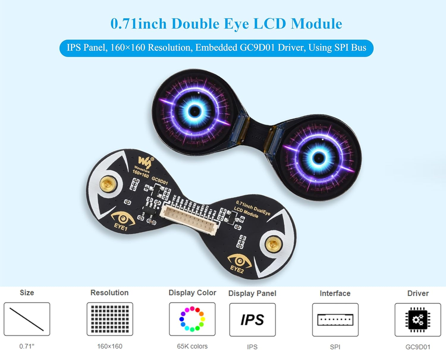 0.71Inch Double Eye round LCD Display Module Compatible with Raspberry Pi Pico/Pico W, ESP32 / Arduino, 160X160 Resolution, IPS Panel, 65K Colors, SPI Interface image number 5