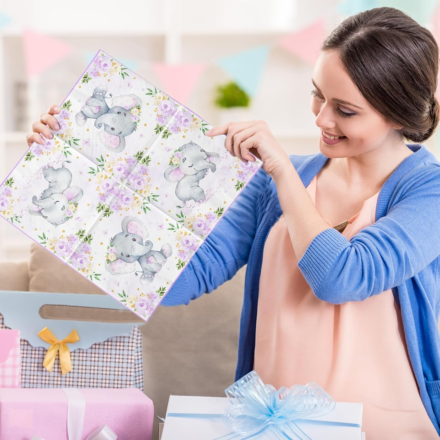 Juweked 40Pcs Lilac Elephant Baby Shower Napkins for Girl - 2-Ply Paper Napkins - 6.5" X 6.5" (Folded), 13" X 13" (Unfolded) - Baby Shower Decorations image number 5