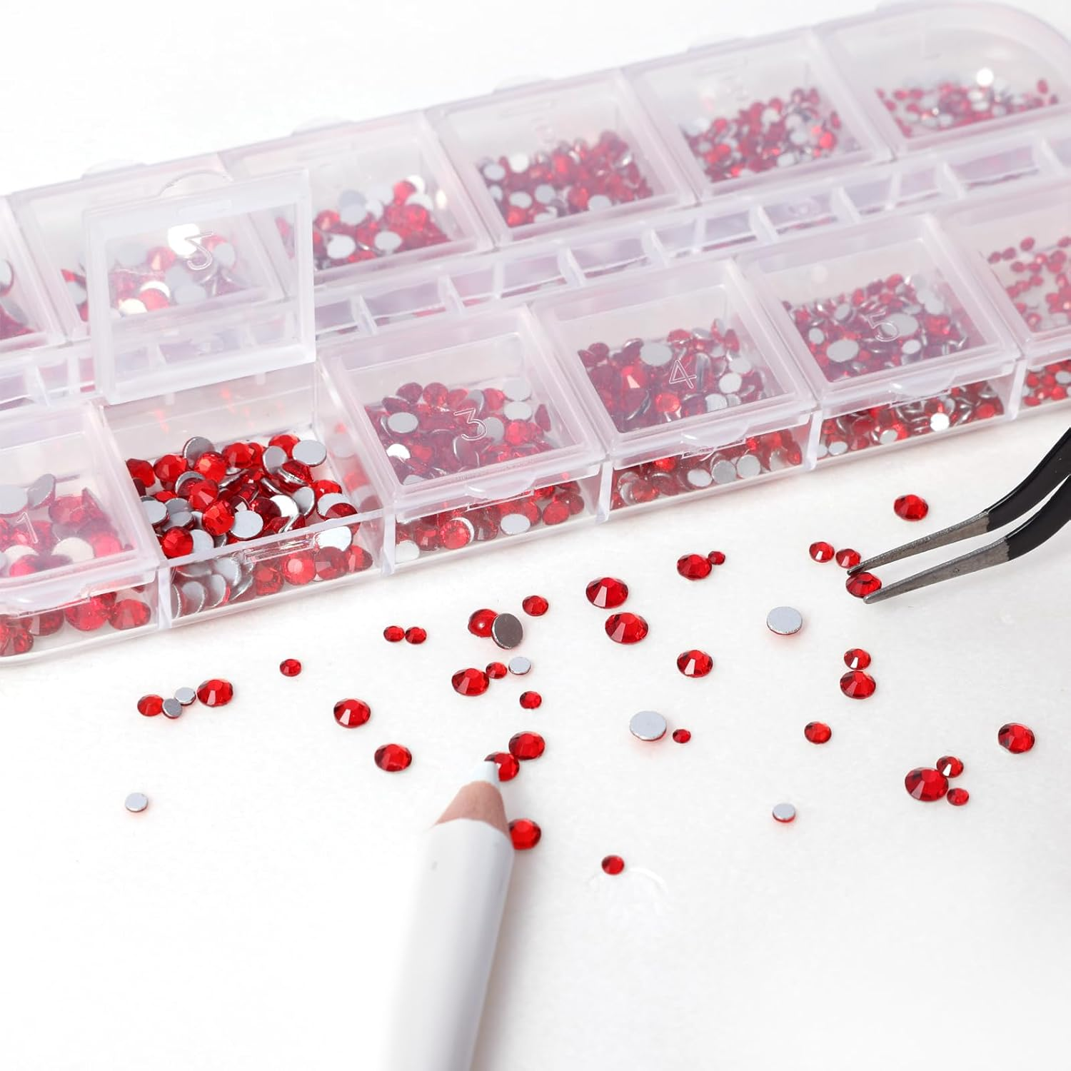Nail Art Rhinestones, 1500PCS Rhinestones in 6 Sizes, Nail Art Gems with Pick up Tweezers and Rhinestone Picker Dotting Pen, Tools for Nails, Craft 1.5 Mm - 4.0 Mm (Red) image number 4