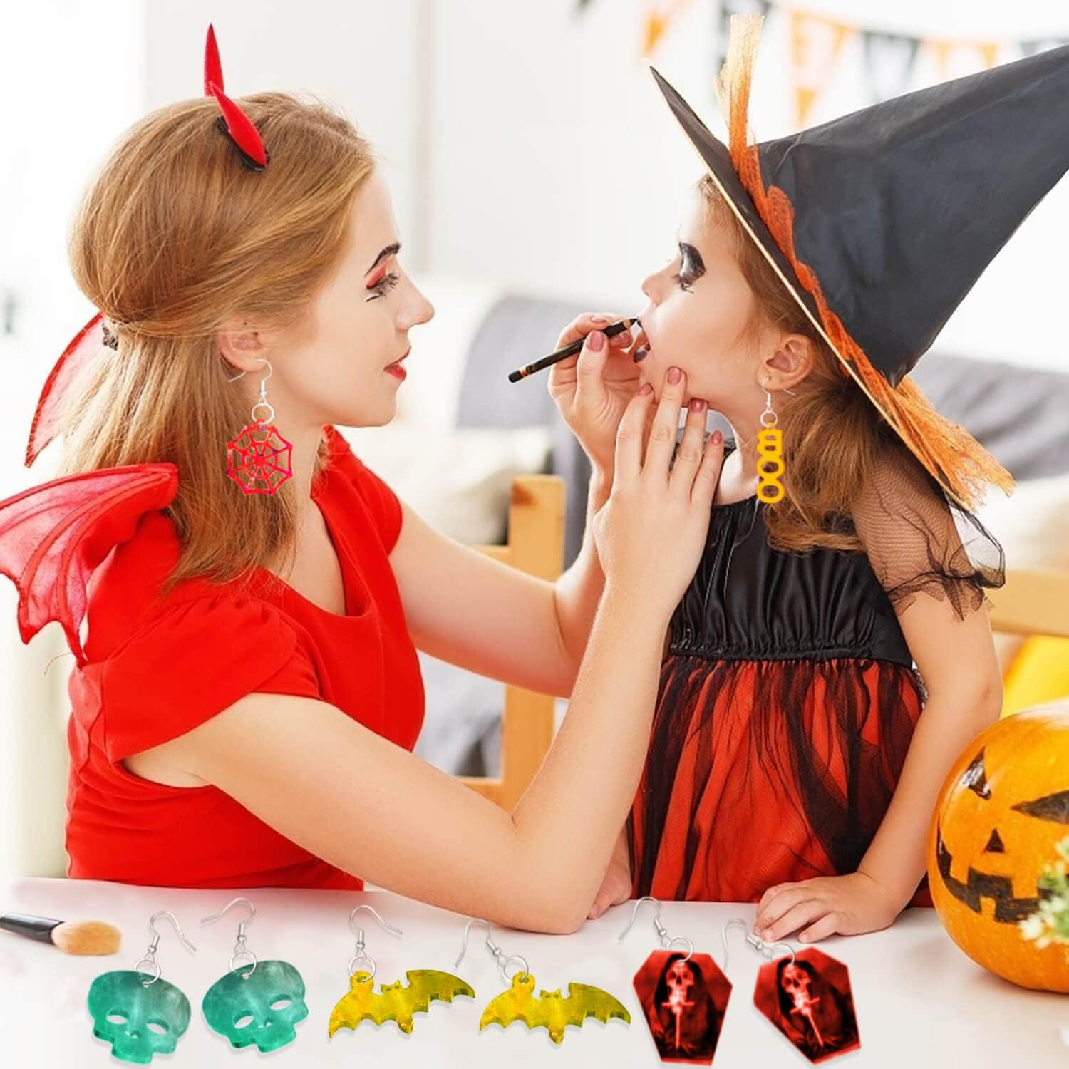 Rifanda 82 PCS Halloween Earring Pendant Resin Molds with Hole, 10 Pairs Halloween Silicone Molds with 40 Earring Hooks Skull Pumpkin Bat Spider Epoxy Resin Jewelry Keychains image number 3