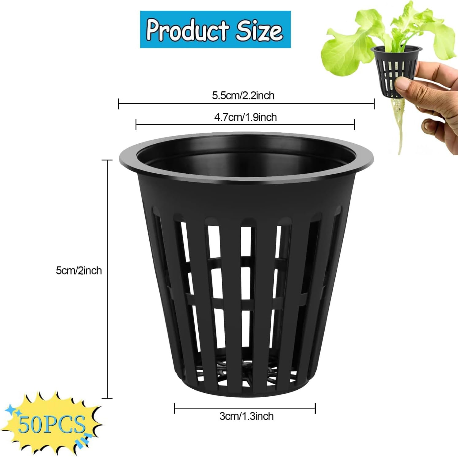 Yharnamite 50 Pcs Garden Slotted Mesh Net Cups, 2" round Hydroponic Net Pots Cups, Wide Lip Bucket Basket for Hydroponics for Hydroponics & Aquaponics, Indoor and Outdoor Plant Growth (Black-50) - Black-50 image number 5