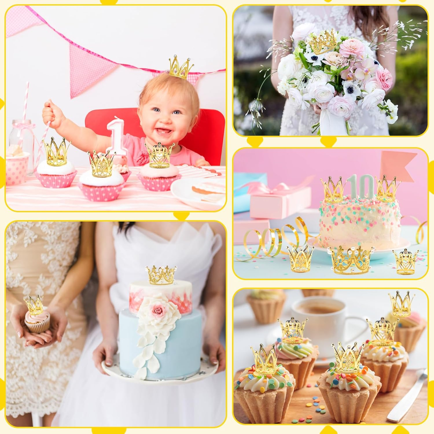 Benvo 40 Pcs Gold Crown Cake Topper Pearl Rhinestone Mini Crowns Small Diamond Tiaras for Flower Bouquet Cupcake Centerpieces Decoration of Girl Lady Bridal Wedding Birthday Party, 4 Crown Designs image number 6