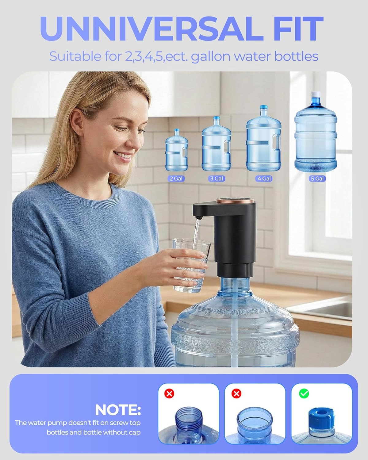 Water Bottle Pump, Portable Electric Water Dispenser Pump for 5 Gallon Bottles - USB Charging, Automatic Switch, Rechargeable Battery for Home Kitchen Room Camping - Grey image number 2