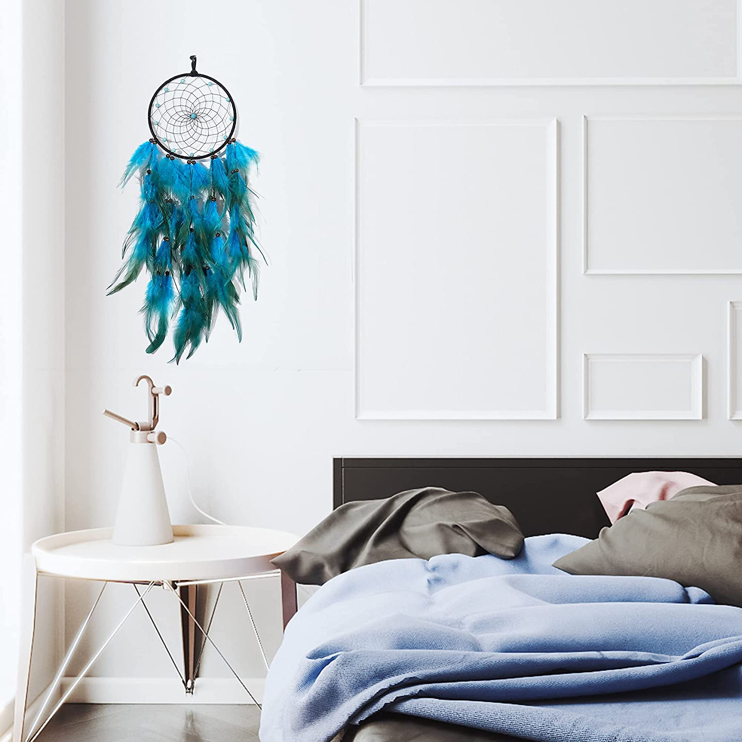 Dream Catchers with Blue Feathers, Handmade Boho Traditional Circular Net Dreamcatcher Wall Hanging Decor for Bedroom Dorm Home Ornaments Craft Gift (Black Circle) - 03-Feather-Blue image number 2
