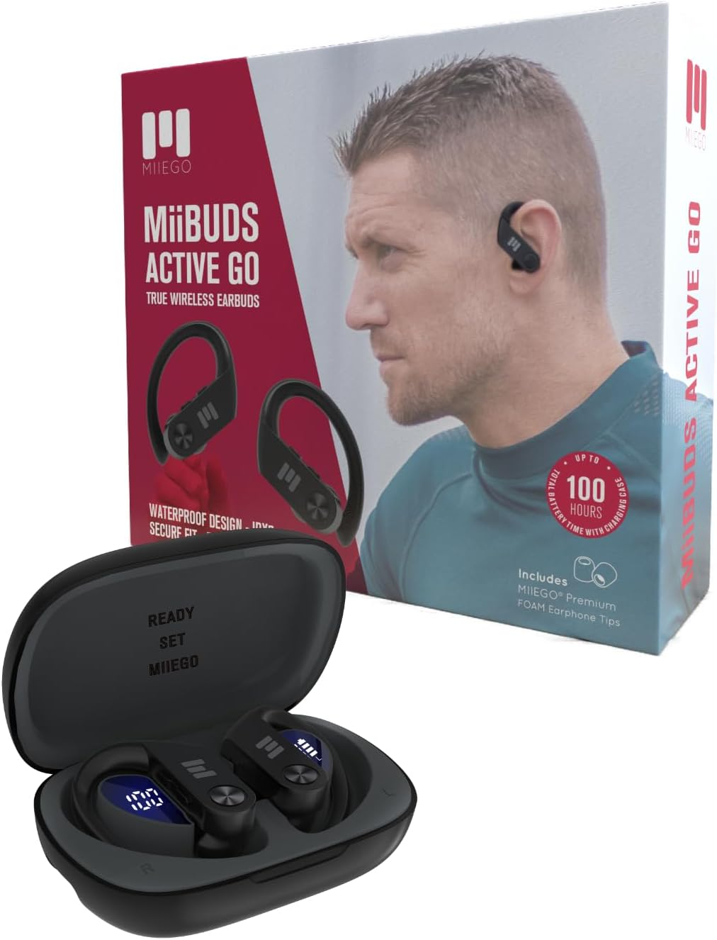 MIIEGO Miibuds Active GO Bluetooth Headphones - Wireless & Waterproof - Ultra Safe Fit - Crystal Clear Sound & Long Battery Life - Black