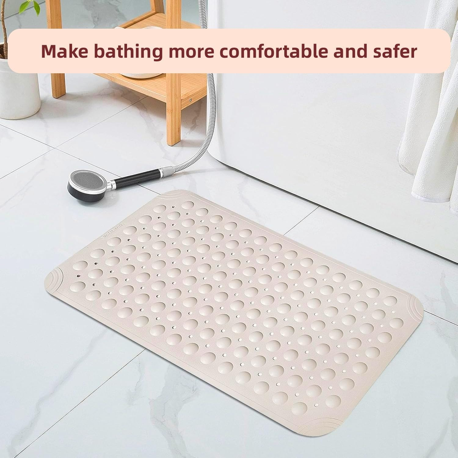 Non Slip Shower Mats for inside Shower, TPE Bathtub Mat Non-Slip, Bath Mat for Tub with Suction Cups, Drain Holes Bath Tub Mat for Bathroom，Bath Mat for Tub with Suction Cups（White） image number 5