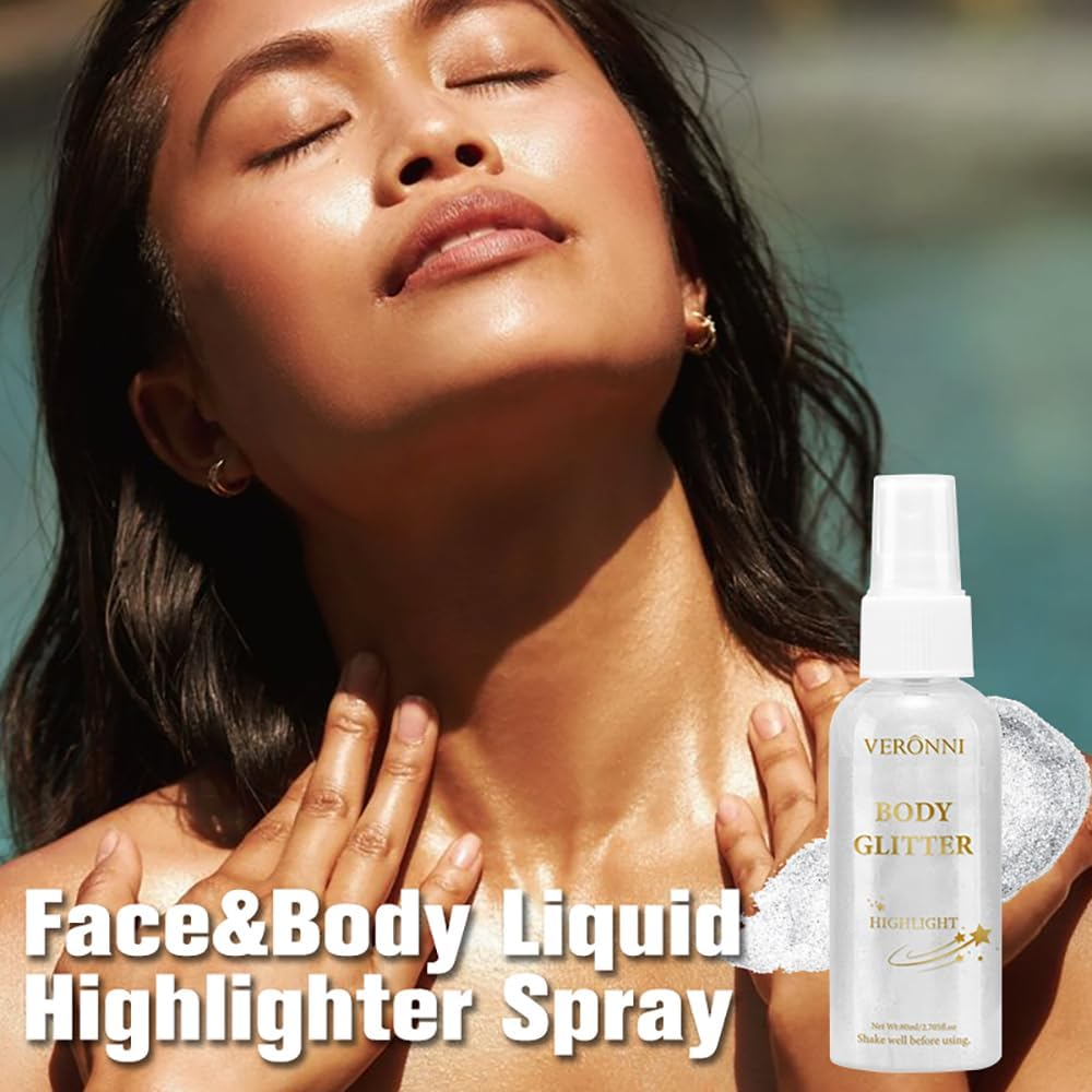 Body Glitter Spray for Women, Body Shimmer Sparkle Highlighter Spray, Silver-White Liquid Glitter Sprays, Natural Shine, Long Lasting, Quick-Drying for Stage, Festival, Party and Makeup image number 1