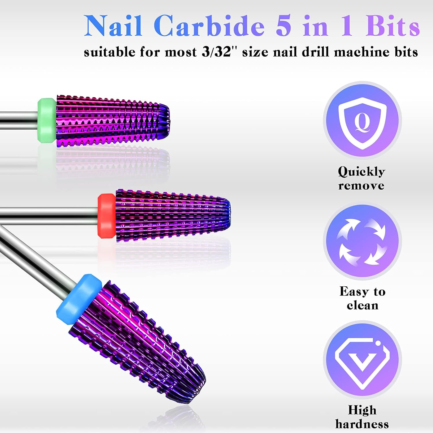 3 Pieces Nail Carbide 5 in 1 Bit, Nail Drill Bits Set-2 Way Rotate Use for Both Left to Right Handed, 3/32 Inch Shank Size Drill Machine for Fast Remove Acrylic or Hard Gel (Purple) image number 5