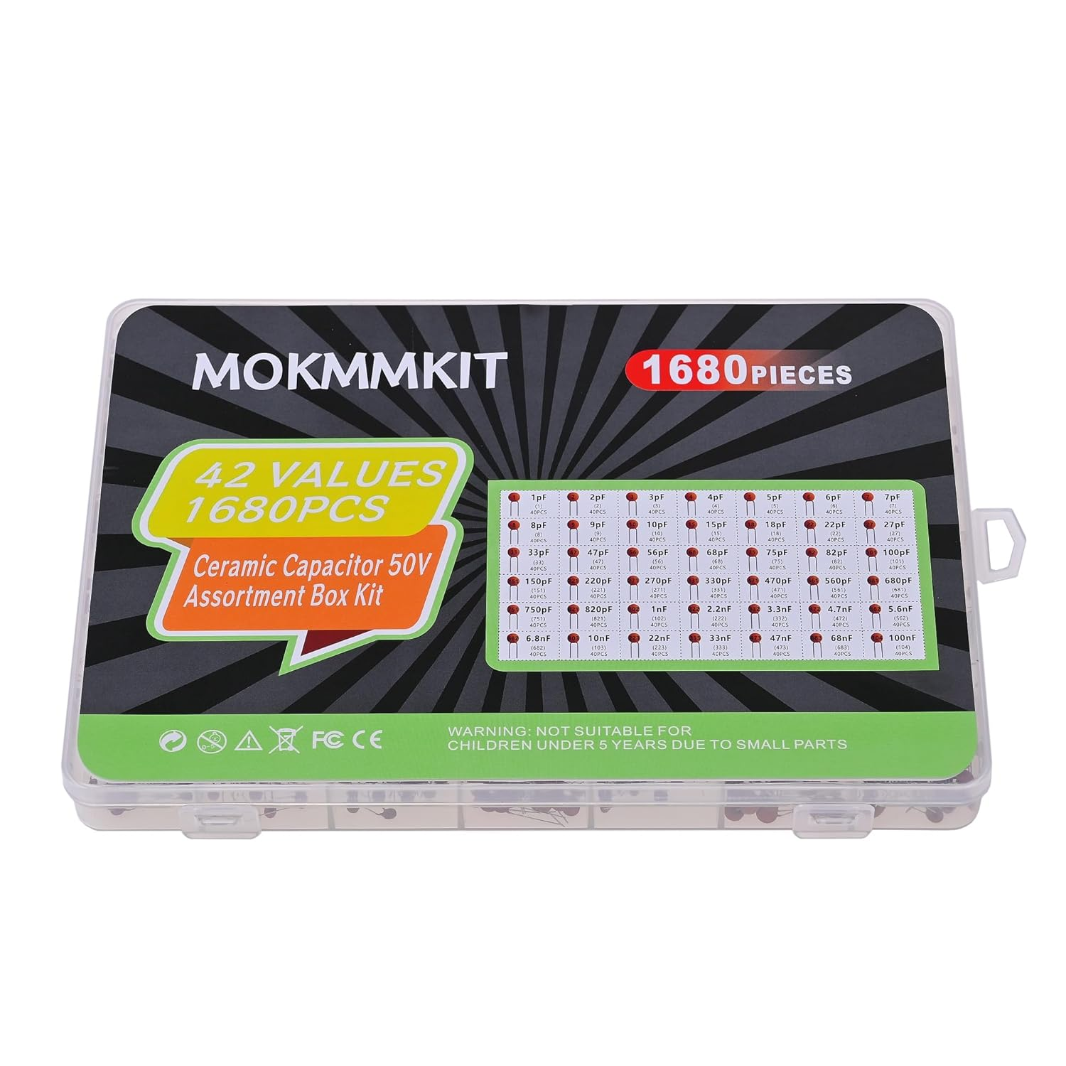 42 Values 1680 Pieces Ceramic Capacitor Kit 1Pf - 100Nf 50V Multilayer Monolithic Chip Capacitors Assortment Kit image number 5