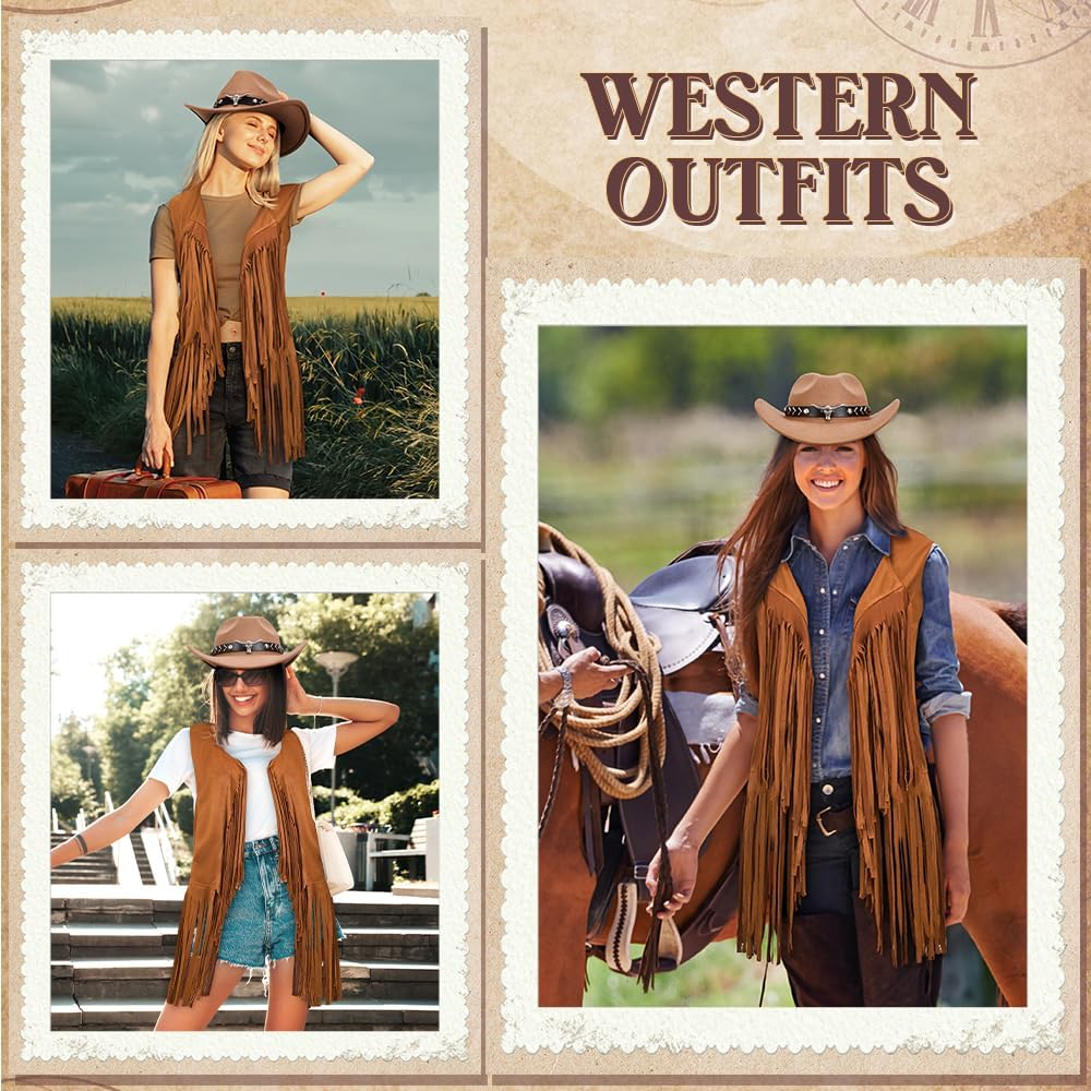 Slowton Western Outfits for Women - Cowgirl Outfit Costume Accessories with Fringe Vest Disco Cowboy Hat, Hippie Costume Outerwear for Halloween Cosplay Party 70S Retro Themed Party image number 5