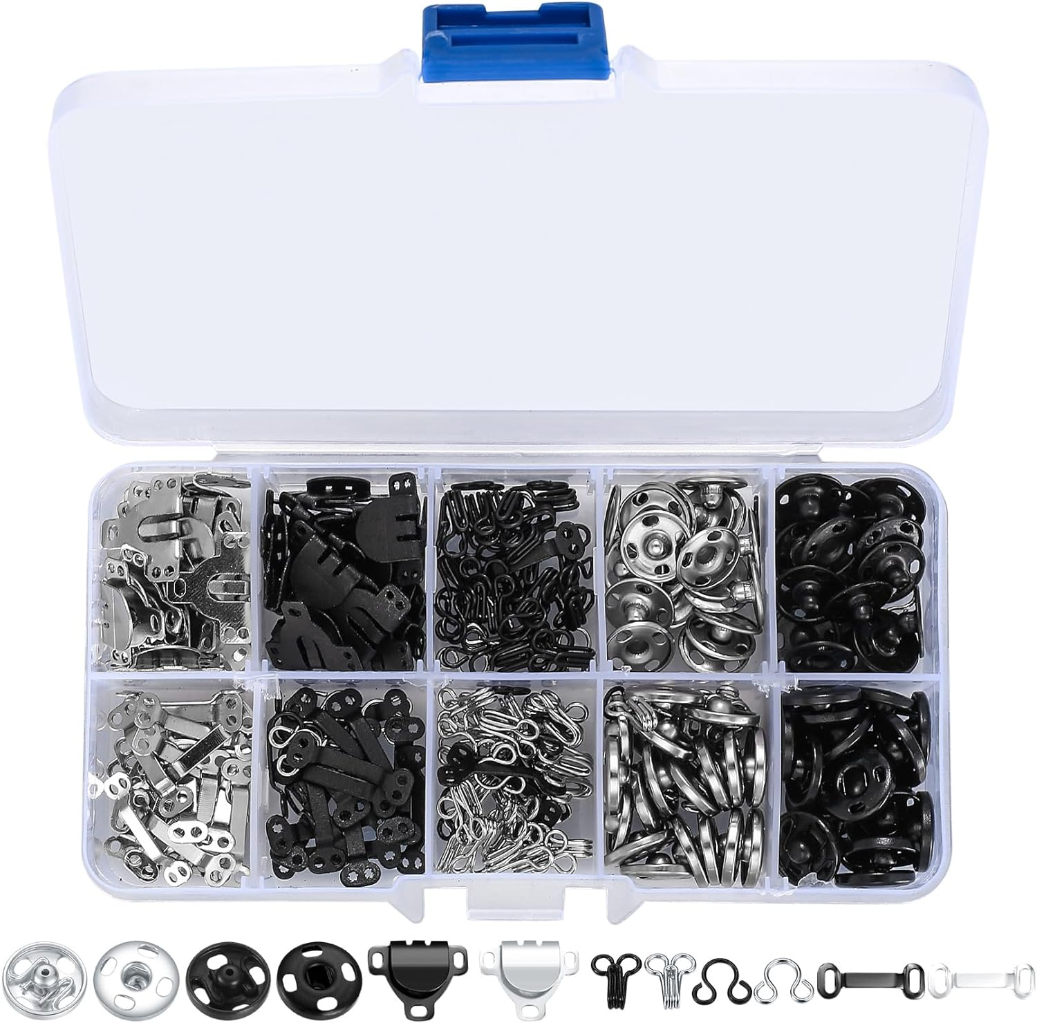 100 Pcs Sewing Hooks and Eyes Closure Set, 3 Styles Skirt Hook and Eye Closures Sewing Snaps Kit, Metal Snaps Buttons Fasteners Press Studs Set for Skirt, Bra, Trousers, Dress, Sewing, DIY Crafting image number 1