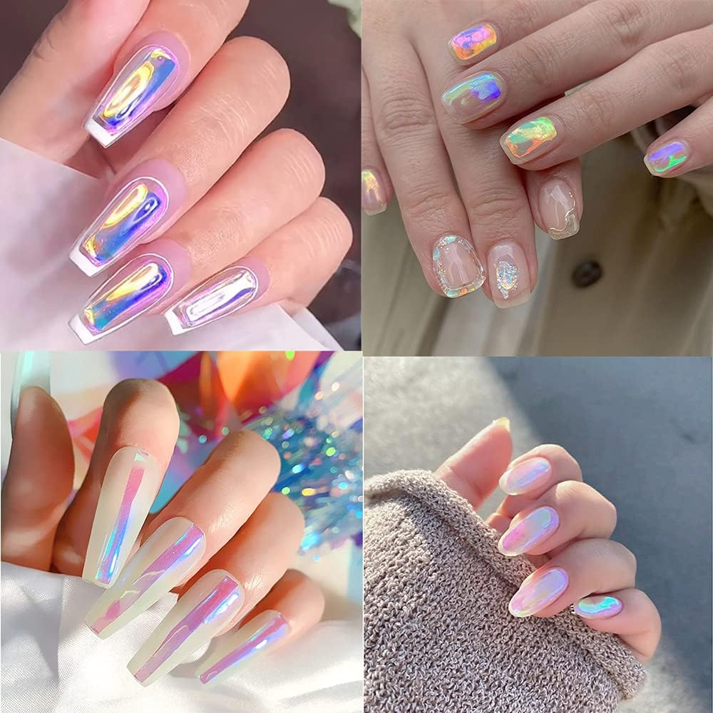 CHANGAR 5 Colours Gradient Aurora Glass Paper Nail Stickers Reflective Mirror Design Broken Glass Strip Line Paper Nail Decals DIY Nail Art Decoration (5 Boxes) image number 3