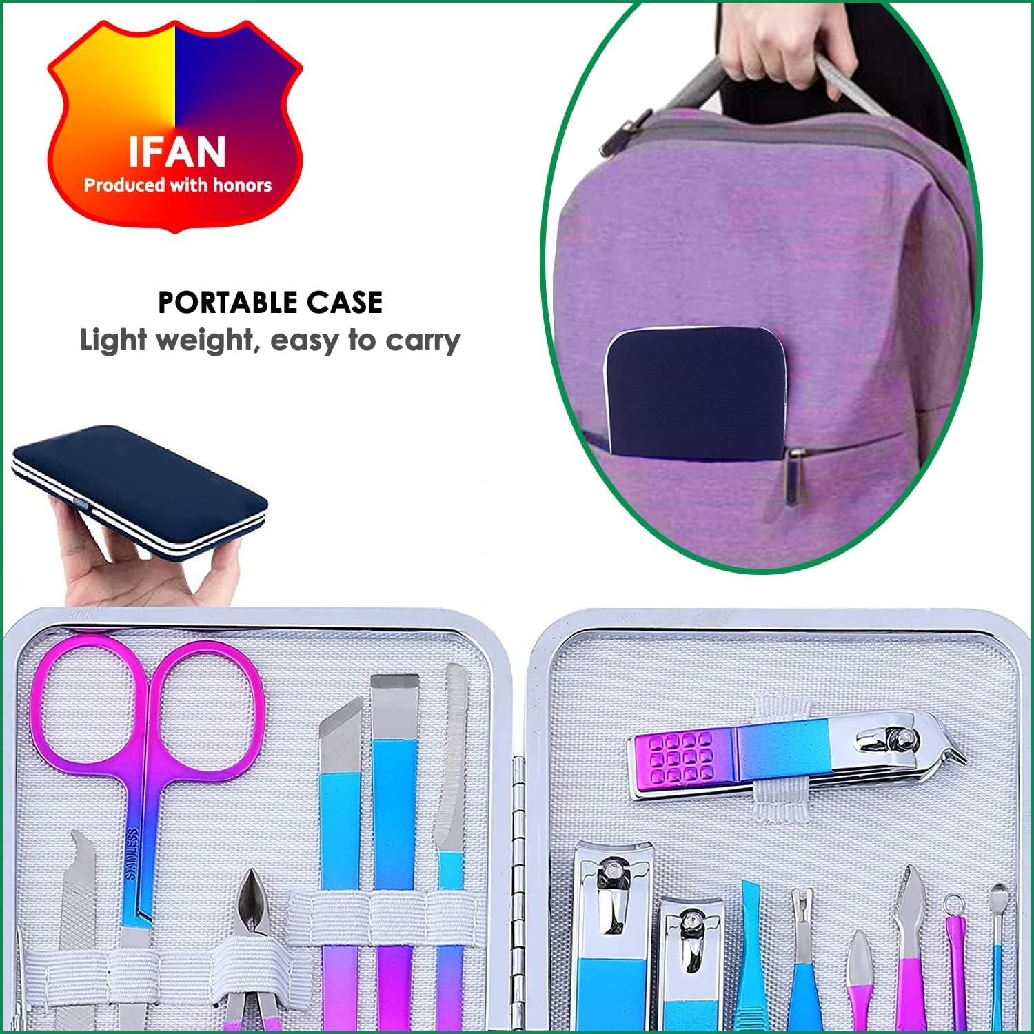 IFAN&trade; Professional Nail Clipper Nail File Nail Cutter 12PCS in 1 Rainbow Stainless Steel Manicure Set Pedicure Combo Facial Care Tools for Household Travel Portable image number 3