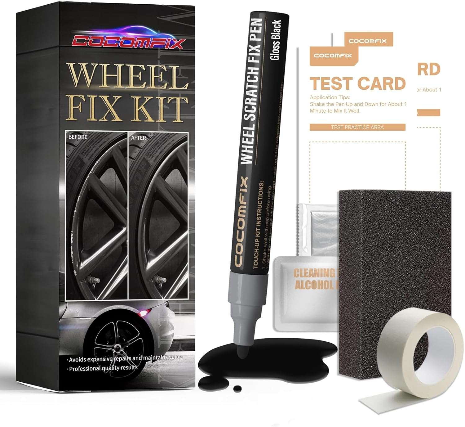 Rim Repair Kit Curb Rash, Wheel Scratch Repair Kit, Gloss Black Rim Touch up Paint, Quickly Fix Rim Curb Rashes, Scratches and Other Surface Damage, Universal Color Rim Paint