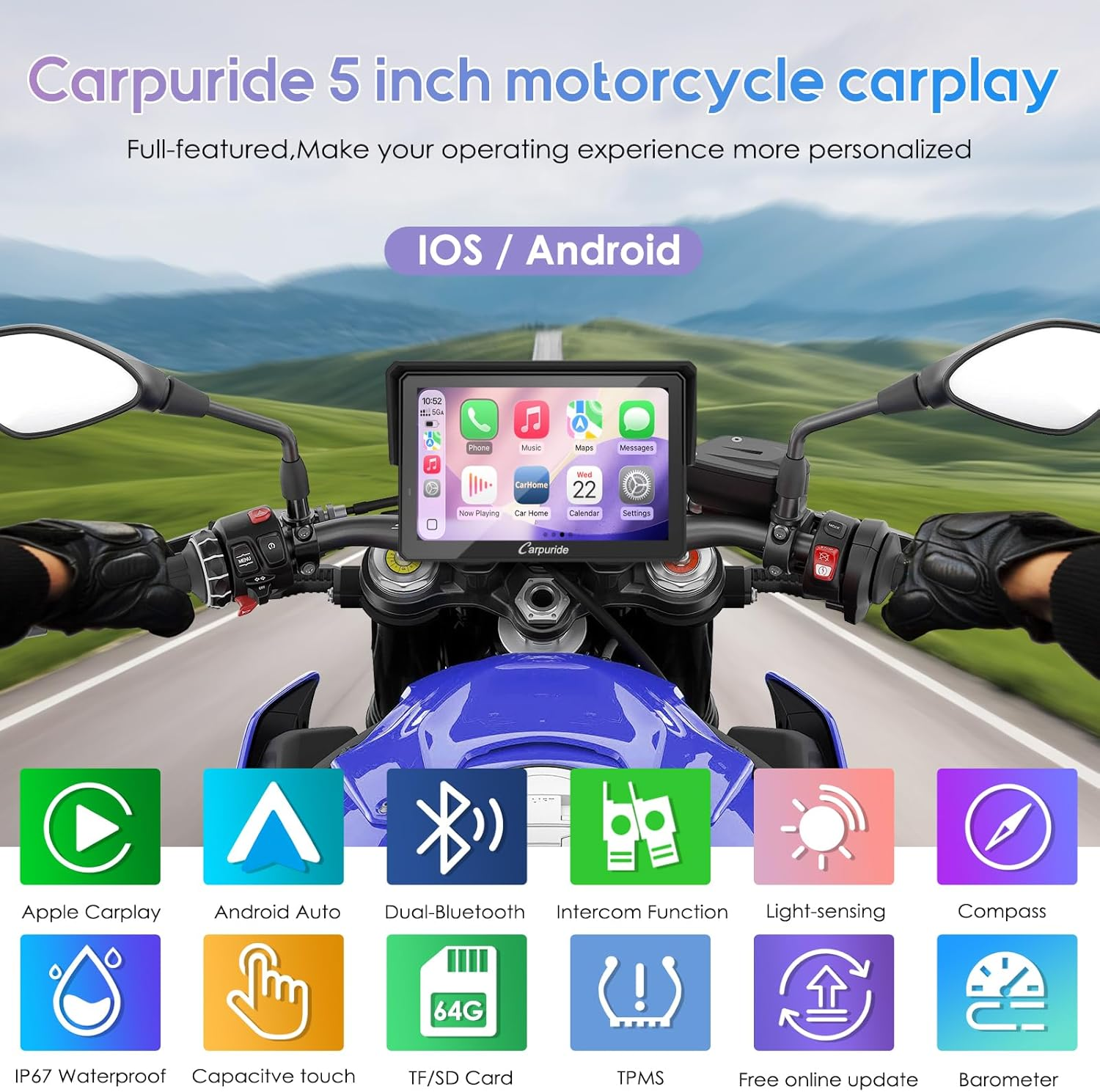 Carpuride W502TPRO for Motorcycle Carplay& Android Auto& TPMS& Dual Bluetooth - 5" Waterproof GPS Navigation Screen for Motorbike, Music Sharing, Intercom, EQ, Light Sensor, Compass, Barometer image number 5