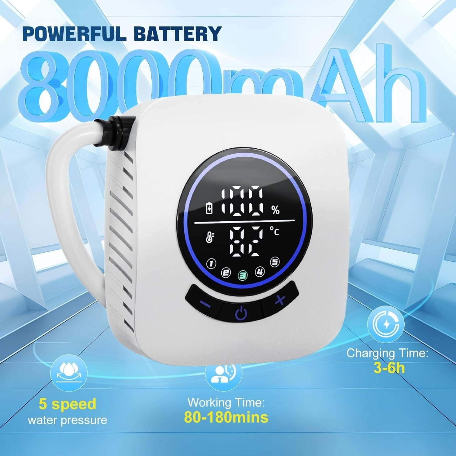 8000Mah Portable Shower for Camping, Rechargeable Camping Shower with Intelligent Led Display, IPX8 Waterproof, 5-Speeds Control, 4 Spray Modes with 20 L Water Foldable Bucket, Cooling Towel Set image number 1