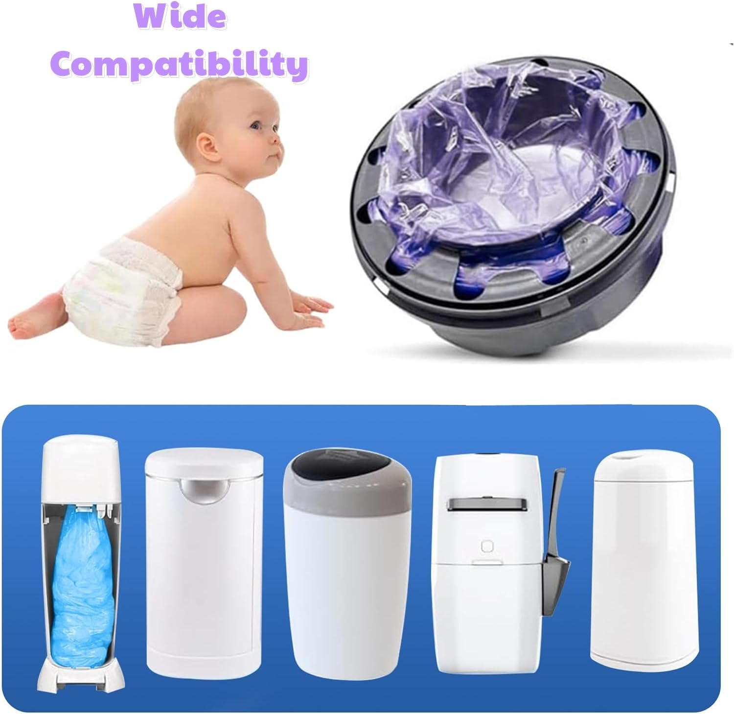 Nappy Bin Refill Bags Diaper Pail Refills Bag Diaper Bin Bags,4.5M Odor Blocking Diaper Pail Liner Cat Litter Refill Garbage Bags (8Pcs-Purple) image number 5