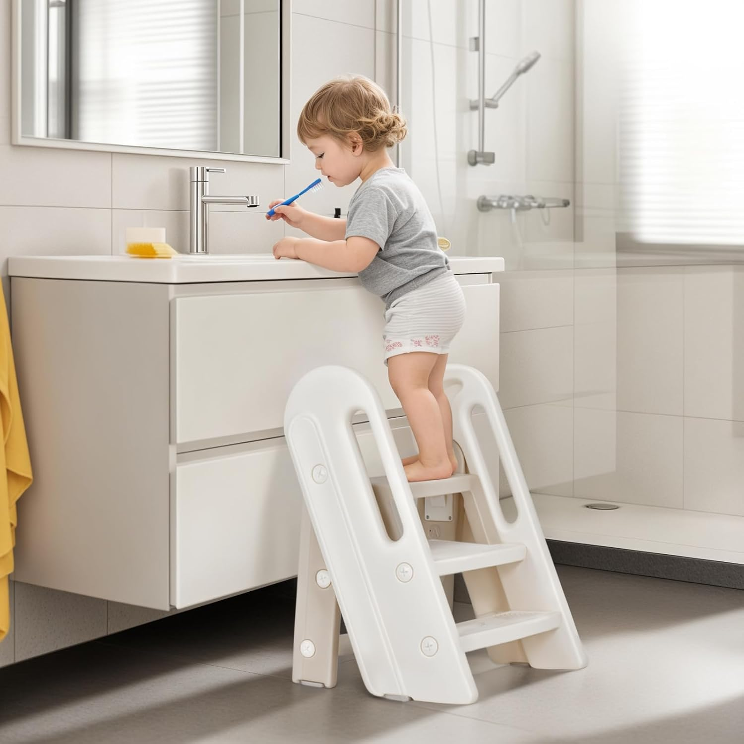 Advwin Foldable Toddler Step Stool for Bathroom Sink and Potty Training, 2-3 Tiers Kitchen Counter Stool Helper with Handles, Ages 18+ Months