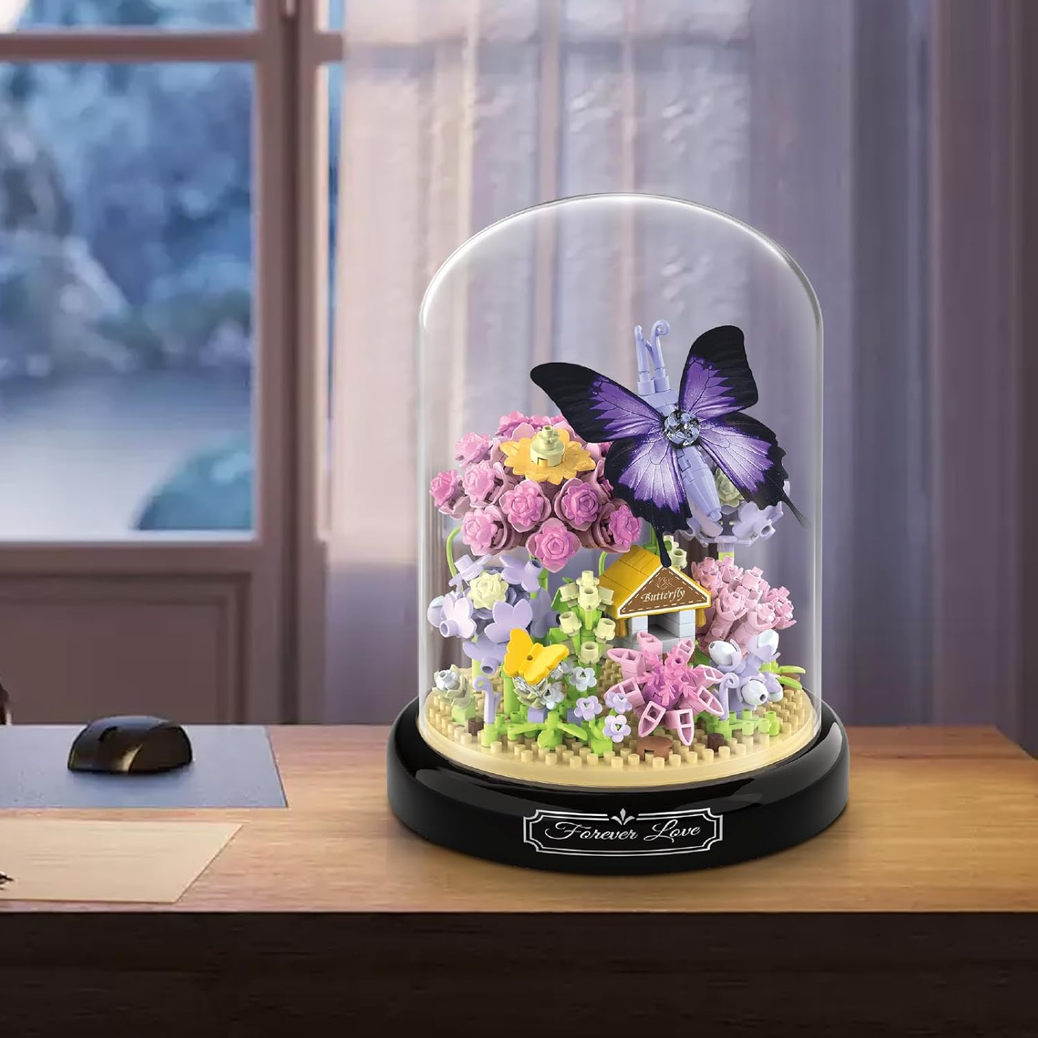 TOY PLAYER Purple Butterfly Flowers Micro Mini Building Block Set, Flowers Insect Clamping Blocks Building Blocks with Dustproof Dome and Base, Gift for Girls from 6 Years (582 Pieces) image number 3