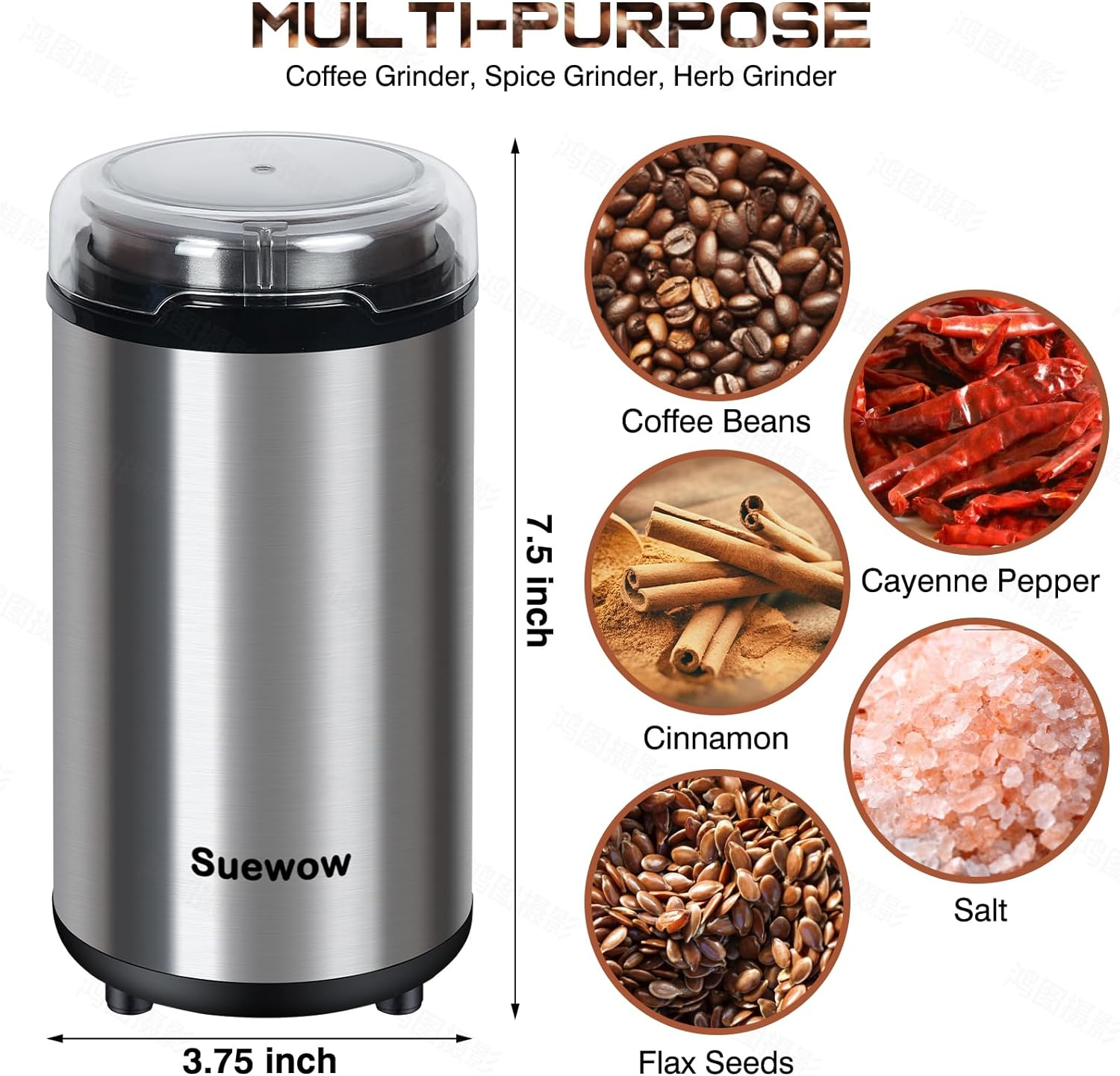 Electric Coffee Grinder - Powerful 200W Motor, Detachable Bean and Spice Grinder for Coffee Beans, Spices, Peanuts, Grains - Large Capacity Multipurpose Grinder (Silver) image number 3