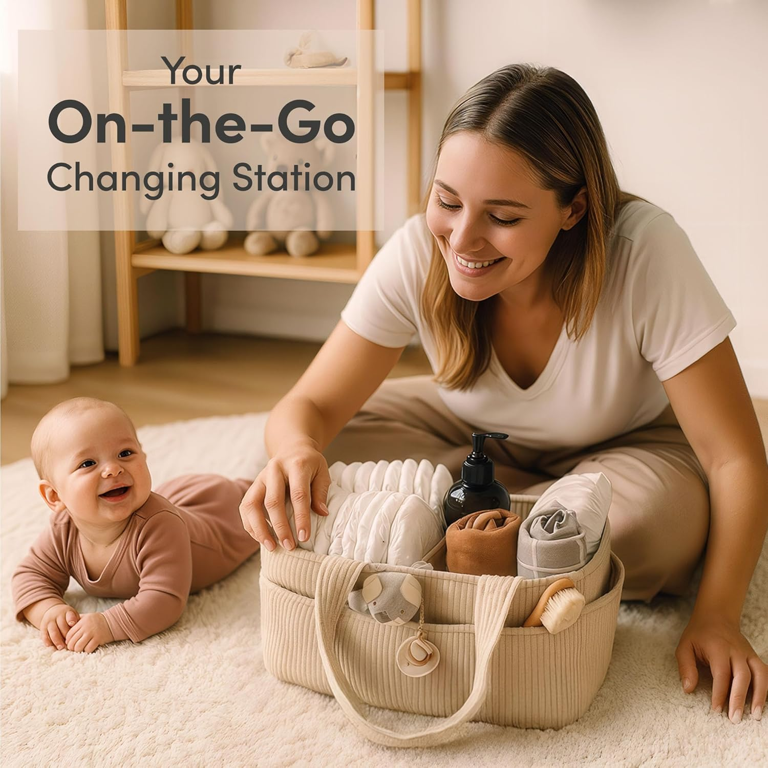 PUTSKA Baby Nappy Caddy Organiser for Changing Table &ndash; Stylish Nursery Storage Basket, Newborn Essentials, Baby Shower Gifts and Registry Must-Haves for Boy or Girl, Car Nappy Caddy, Corduroy Cream