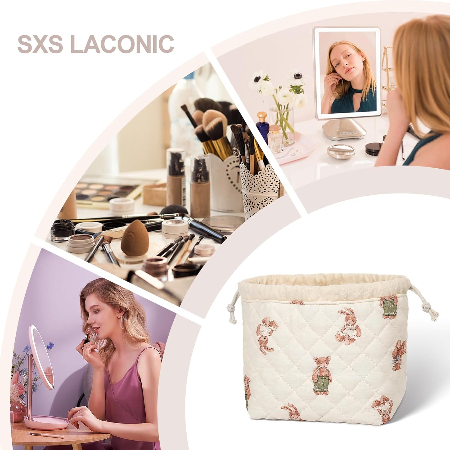SXS LACONIC Drawstring Makeup Bag,Cotton Quilted Cosmetic Bag, Coquette Cute Organizer, Small Makeup Bag for Purse, Women Girls Portable Travel Cosmetic Pouch, Beige Bow image number 2