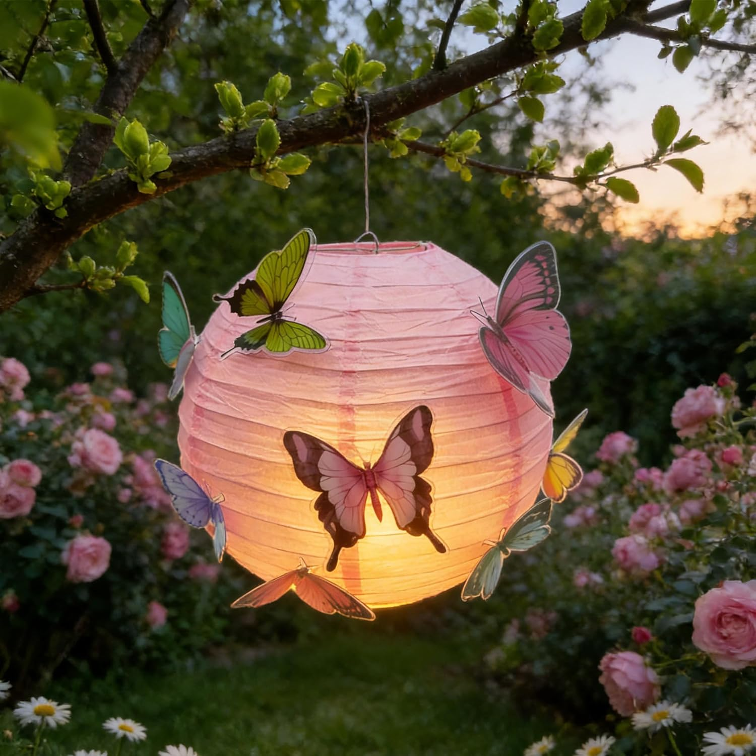Niuhong round Paper Lantern, Lampshade with Butterfly, Children'S Pendant, Paper Lantern, Spring Theme Decorations for Party, Birthday, Christening, Garden, Wedding Decoration (Pink, 30 Cm), Pack of 2 image number 3