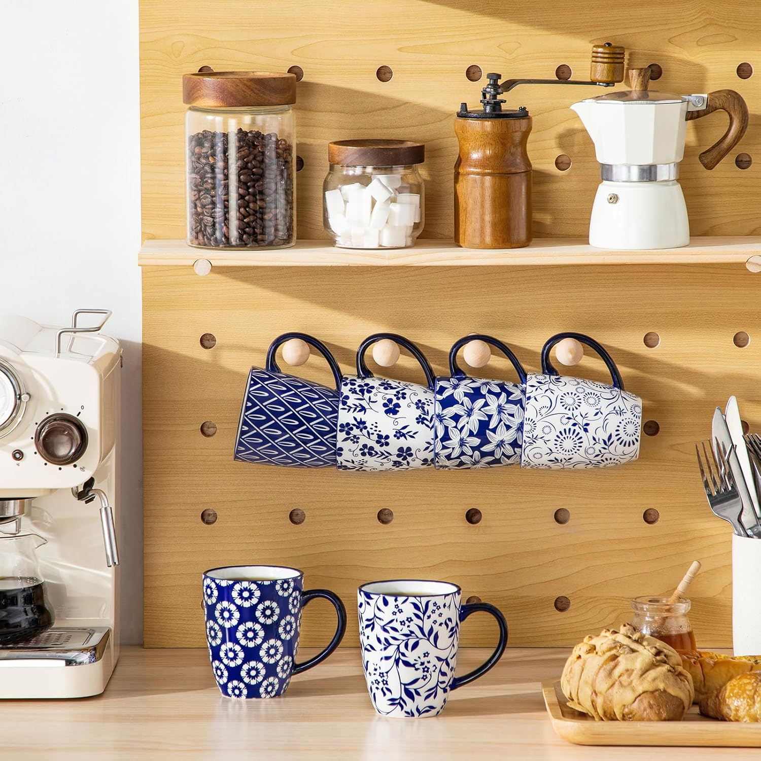 Vancasso Selene Coffee Cups Set of 6 Porcelain Mugs, 360 Ml Coffee Cups with Handle, Cup for Coffee, Milk, Tea & Cocoa, Vintage Blue/White image number 5