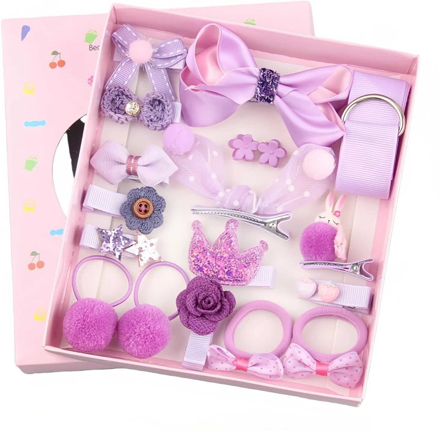 18 Pcs Girls Hair Accessories Gift Set, Kids Hair Clips Barrettes Ponytail Ties Bows Headbands with Gift Box for Daughter Teens Little Girls Pink (Purple)