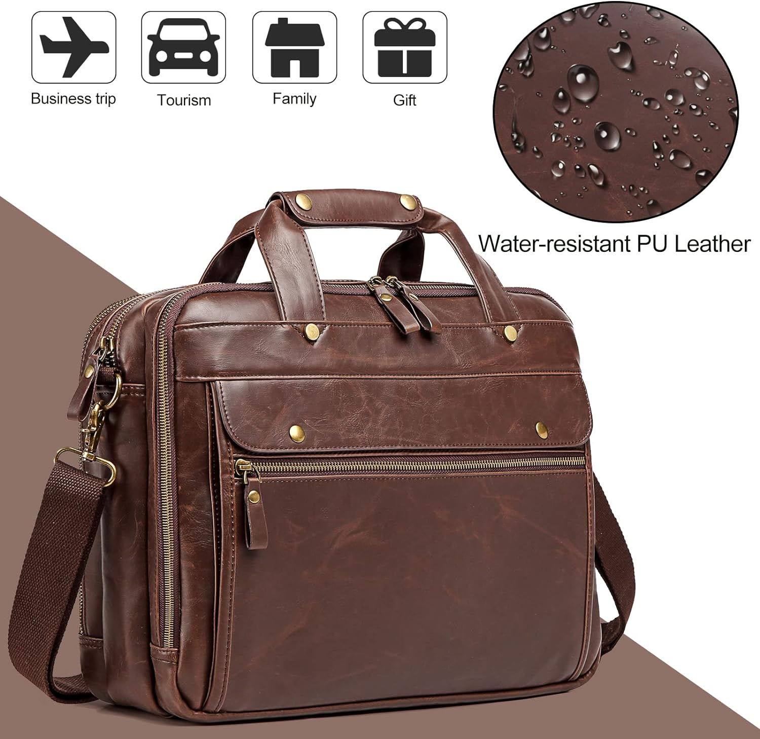 15.6 Inch PU Leather Briefcase for Men Laptop Bag Waterproof Retro Business Travel Messenger Bag Perfect for Daily/Christmas, Brown, X-Large, Retro image number 4