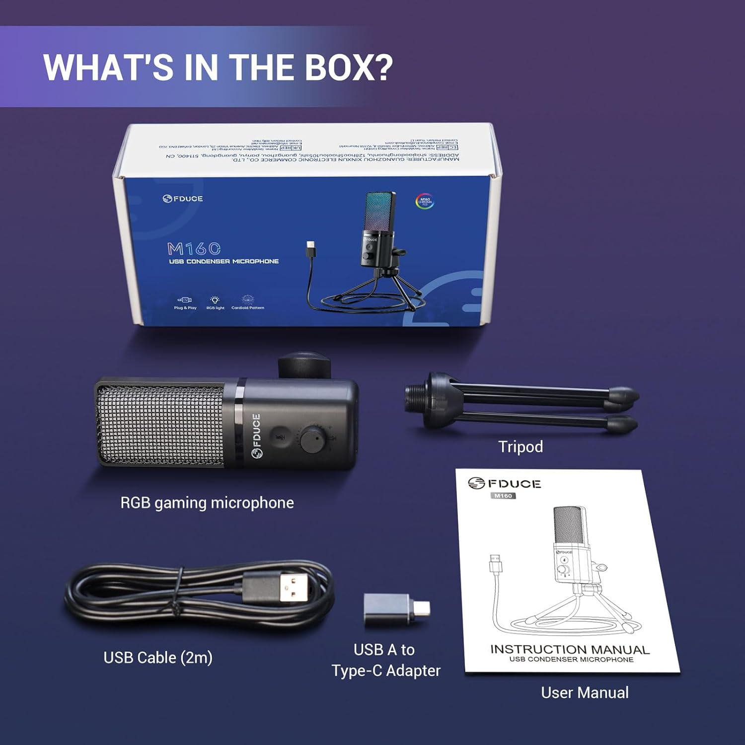 FDUCE M160 Gaming USB Microphone,Rgb Condenser Microphone with Tripod,Volume Adjustment and Mute Button Function,Compatible with Pc,Laptop,For Gaming,Podcasting,Streaming,Youtube - Rgb（Kit） image number 3