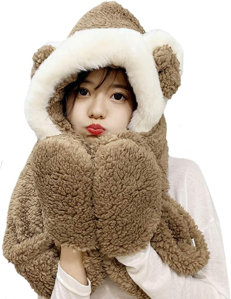 Tonwhar Womens Cute Winter Thick Warm Long Hooded Scarf with Mittens