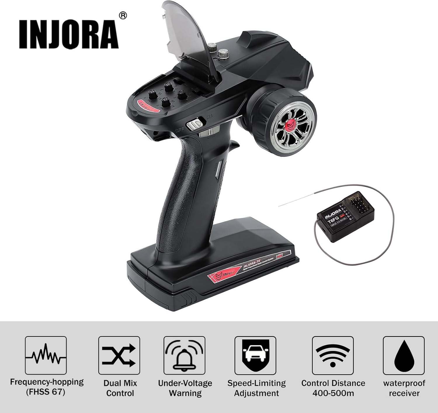 INJORA RC Transmitter 2.4Ghz 6CH Controler and Receiver with Gyro Remote inside Receiver for 1/8 1/10 RC Car Boat Tanks Crawler TRX4 SCX10 Upgrade Parts image number 2