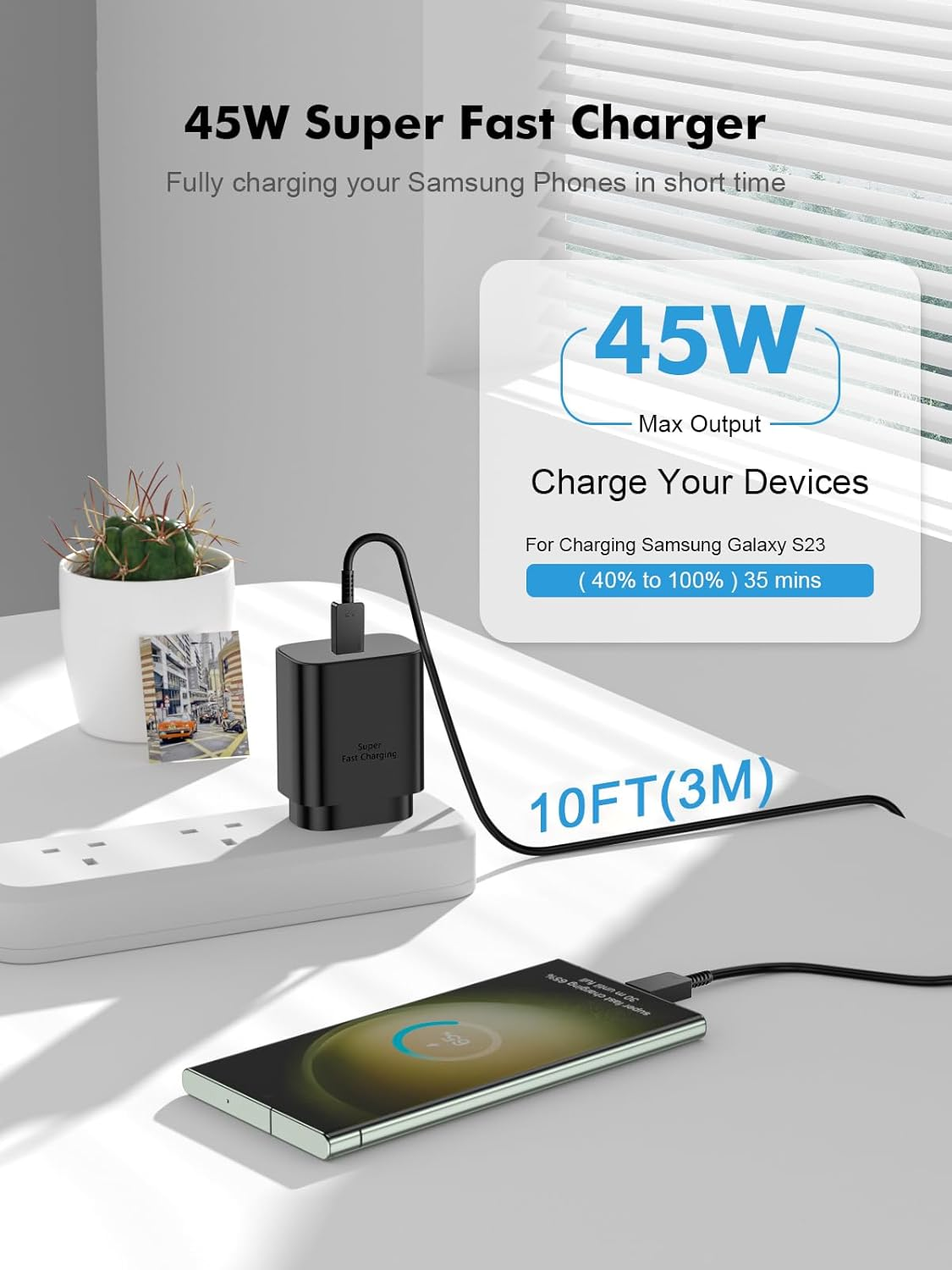 10FT/3M 2-Pack 45W USB C Super Fast Charger for Samsung Fast Charger Compatible with Samsung S25 Ultra/S24/S23/S22/S21 USB C Charger with USB C Cable Type C Fast Charging S20/Note 20/10/Tab S9/S8/S7 image number 4