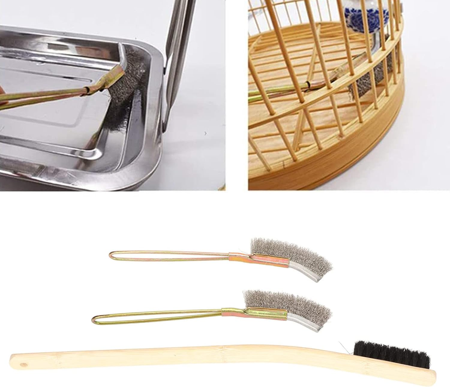 BAOFUYA Pack of 3 Pet Bird Cage Cleaning Brush, Long Handle Feeder Cage Wire Brush Cleaner Pet Cage Accessories Bird Cage Cleaning Tool image number 3