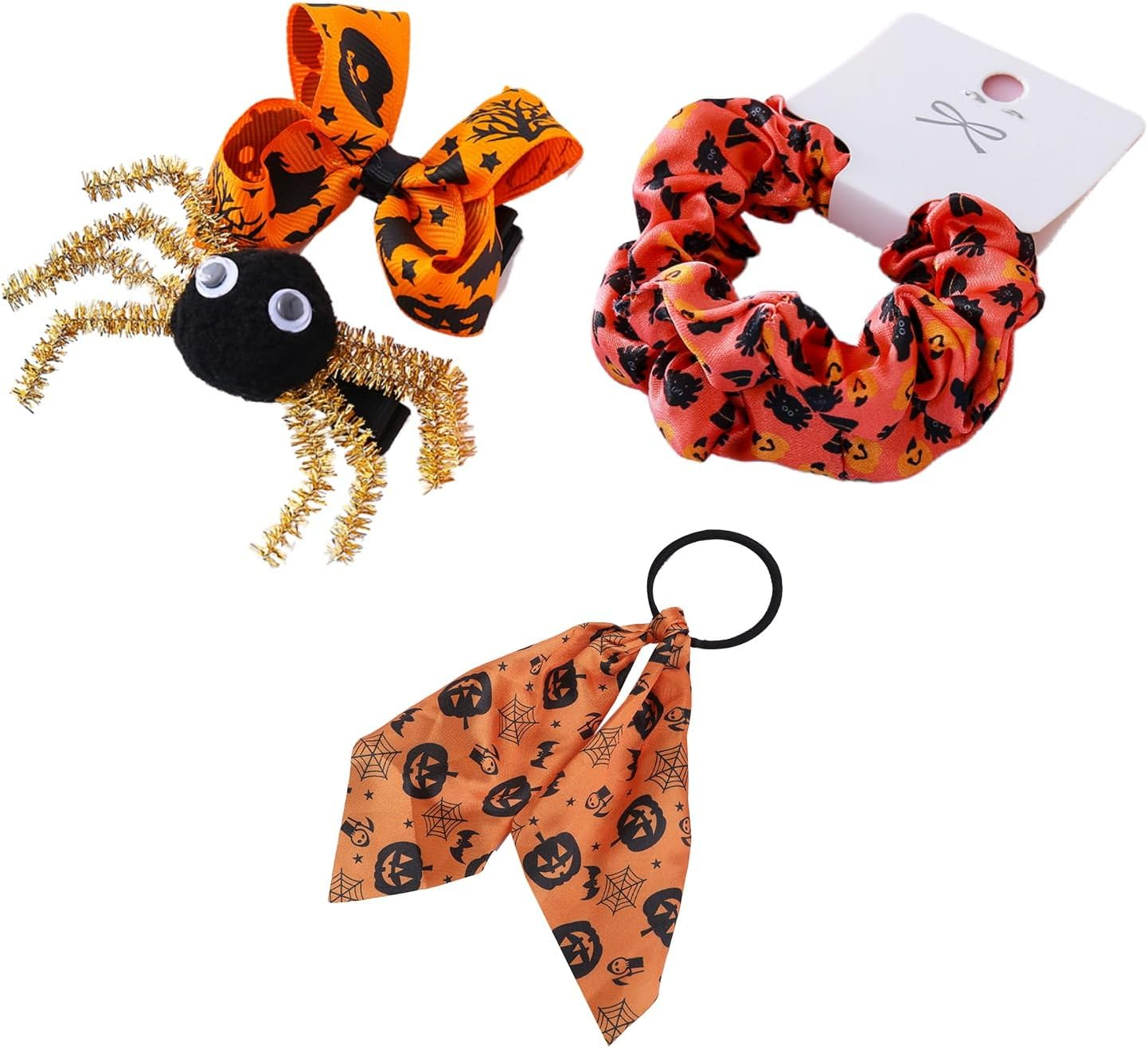 Kawlxpp Halloween Hair Accessories Set 5Pcs &ndash; Spider & Bow Clips, Silk Scrunchies, Elastic Ribbon Hair Ties for Girls & Women Halloween Costume (Pumpkin Spice)