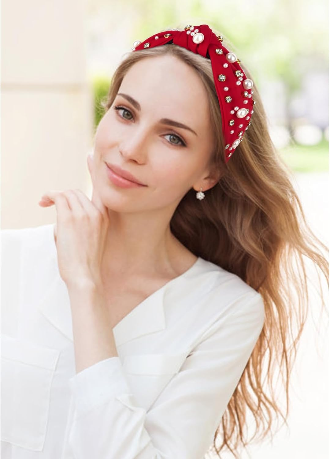 Uintoon Red Headband for Women Pearl Knotted Headband Sparkly Rhinestone Pearls Top Knotted Headbands Womens Fashion Hair Accessories Cute Hair Bands
