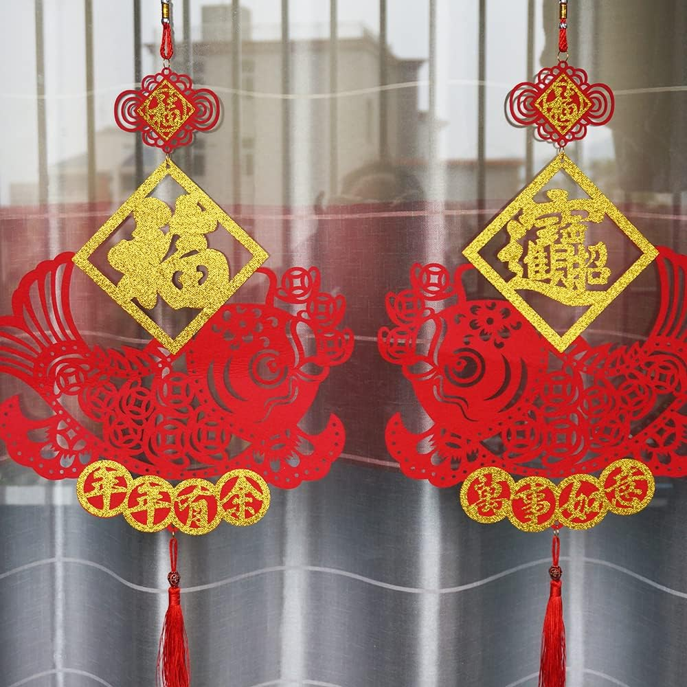 2PCS 11Inch Palace Lantern Tassel Red Fish Chinese New Year Decorations for Party Wedding Supplies Spring Festival Mid-Autumn Moon Ornaments Gilt Lanterns, S image number 5