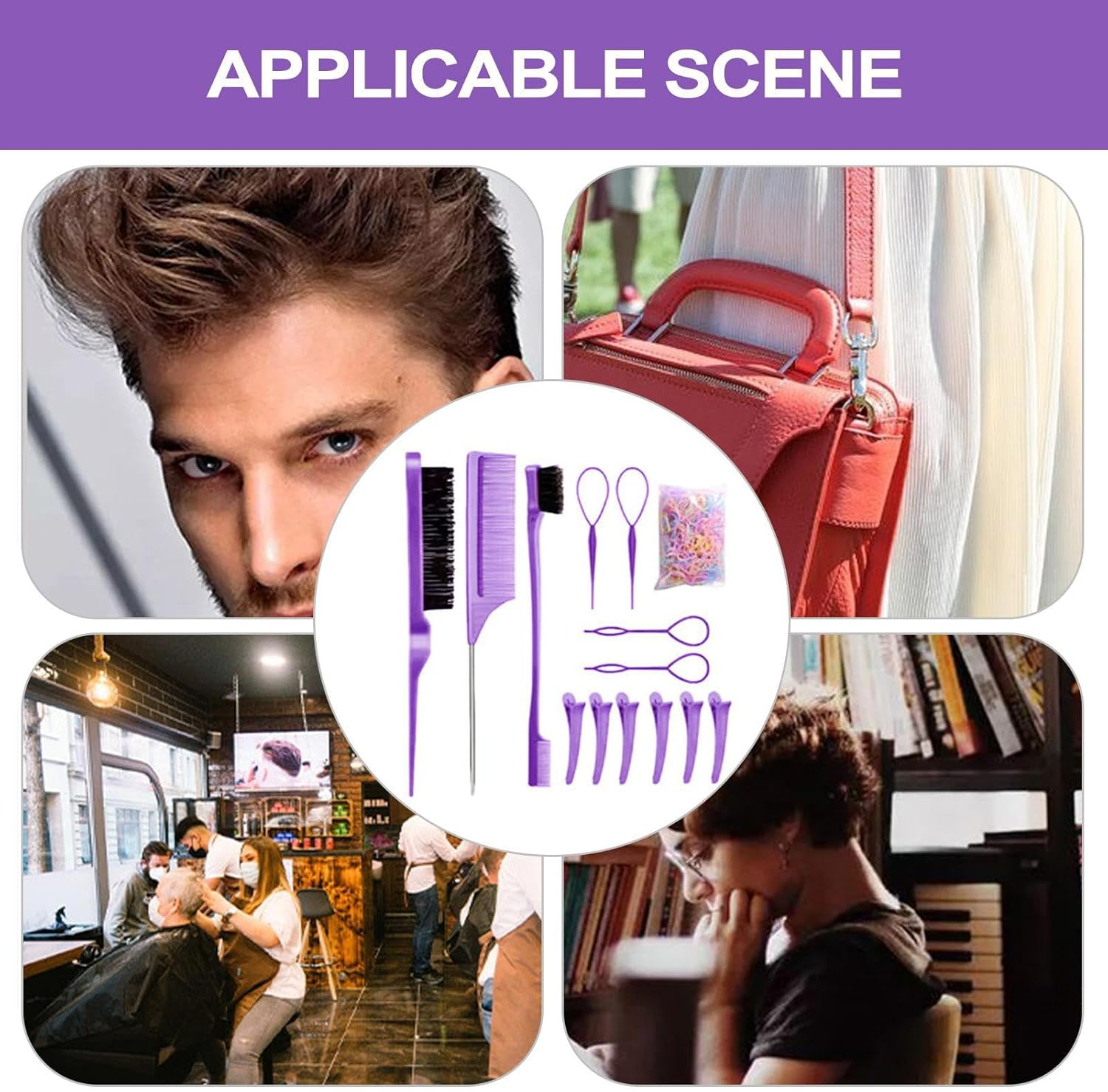 Qkbuza Hair Comb Set | Tail Brush - Detangling Hairbrush Portable Small Comb Tool for Barber Salon Parting Women Girls Braiding image number 4