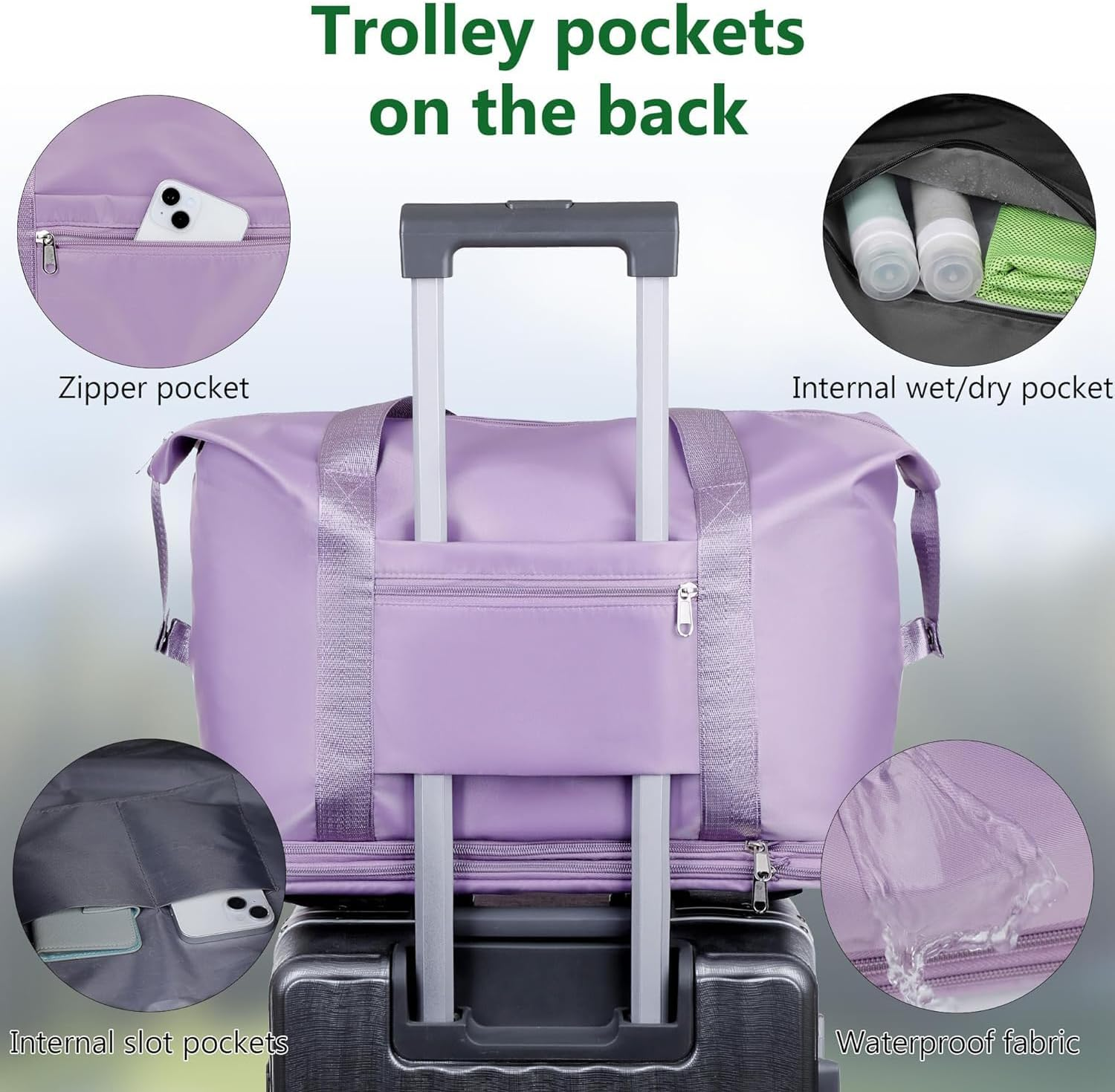 JIUSEGE Expandable Duffle Bag with Wheels &ndash; Folding Weekender Travel Tote Carry-On with Large Storage Space, Luggage Bag for Business Trips, Camping & Fitness (Light Purple) image number 4