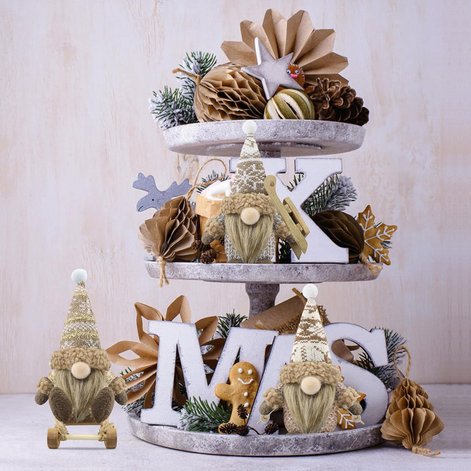 Gehydy Set of 3 Christmas Gonk Decorations Handmade Sled Gnome Plush Stuffed Xmas Decor for Home Kitchen Farmhouse - Brown - Blue image number 4