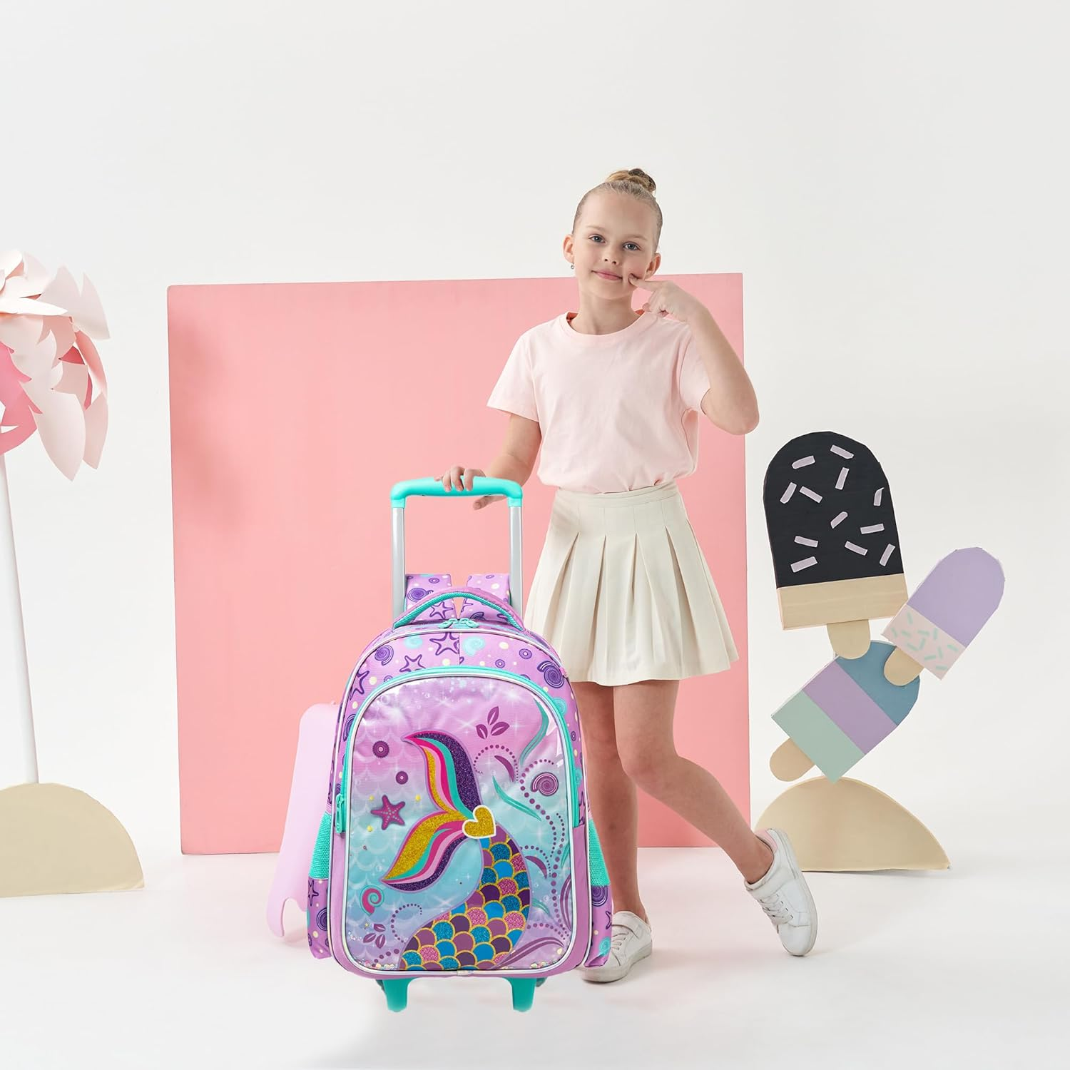 ZBAOGTW Rolling Backpack for Kids with Lunch Box Kids Backpack with Wheels for School, Blue Green Mermaid, 20 Liters - Blue Green Mermaid image number 5