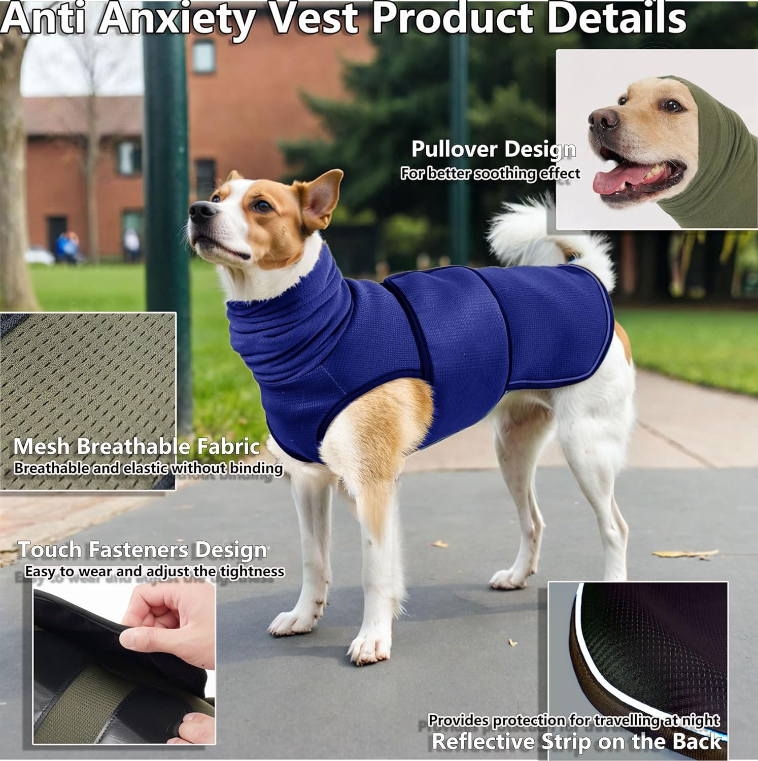 TOPSOSO Calming Vests for Dogs with Hood, Turtleneck Sweater, Calming Vest, Velcro Closure for Easy Adjustment and Reflective Stripes, Dog Coat for Anxious Dogs (Navy XS) image number 5