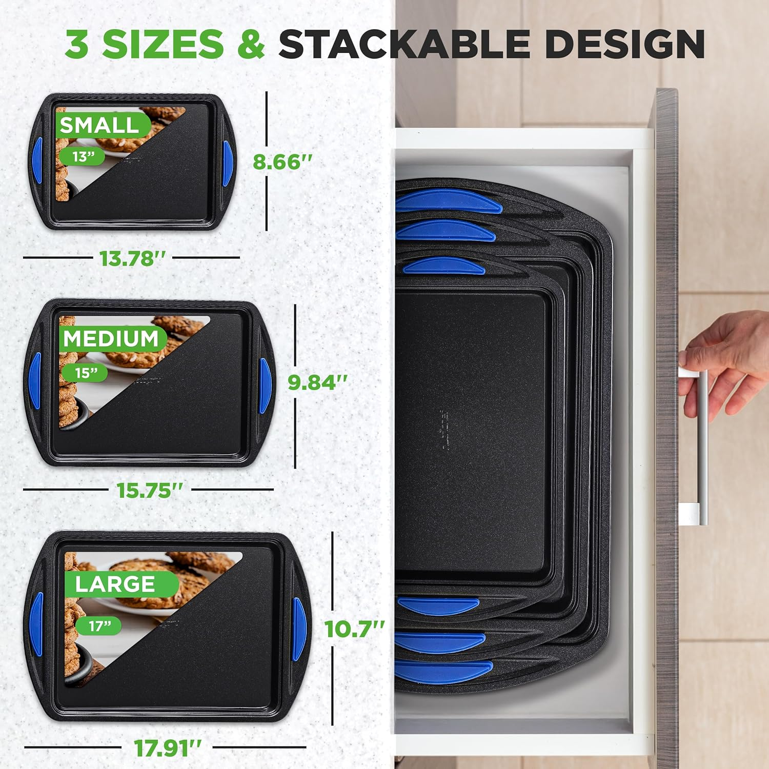 3 Piece Baking Pan Set - PFOA, PFOS, PTFE Free Flexible Nonstick Carbon Steel Bakeware Set - Home Kitchenbake Pan Cookie Sheet Stackable Baking Tray Set W/Blue Silicone Handles - NCBK3S image number 2