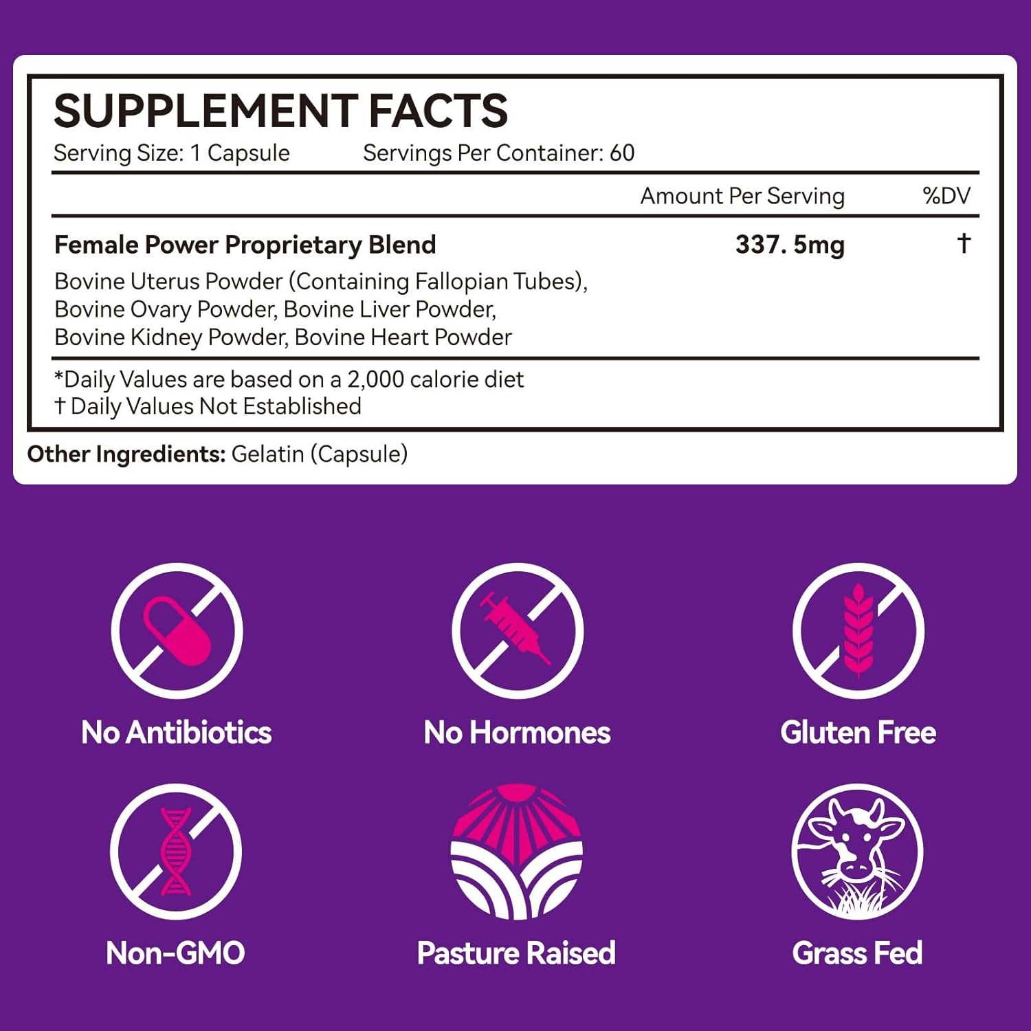 Female Power | Women&rsquo;S Vitality Superfood | Grass-Fed Bovine Organ Complex with Uterus, Ovaries, Liver, Kidney & Heart | Nutrient-Dense Whole Food Supplement | 60 Capsules image number 1